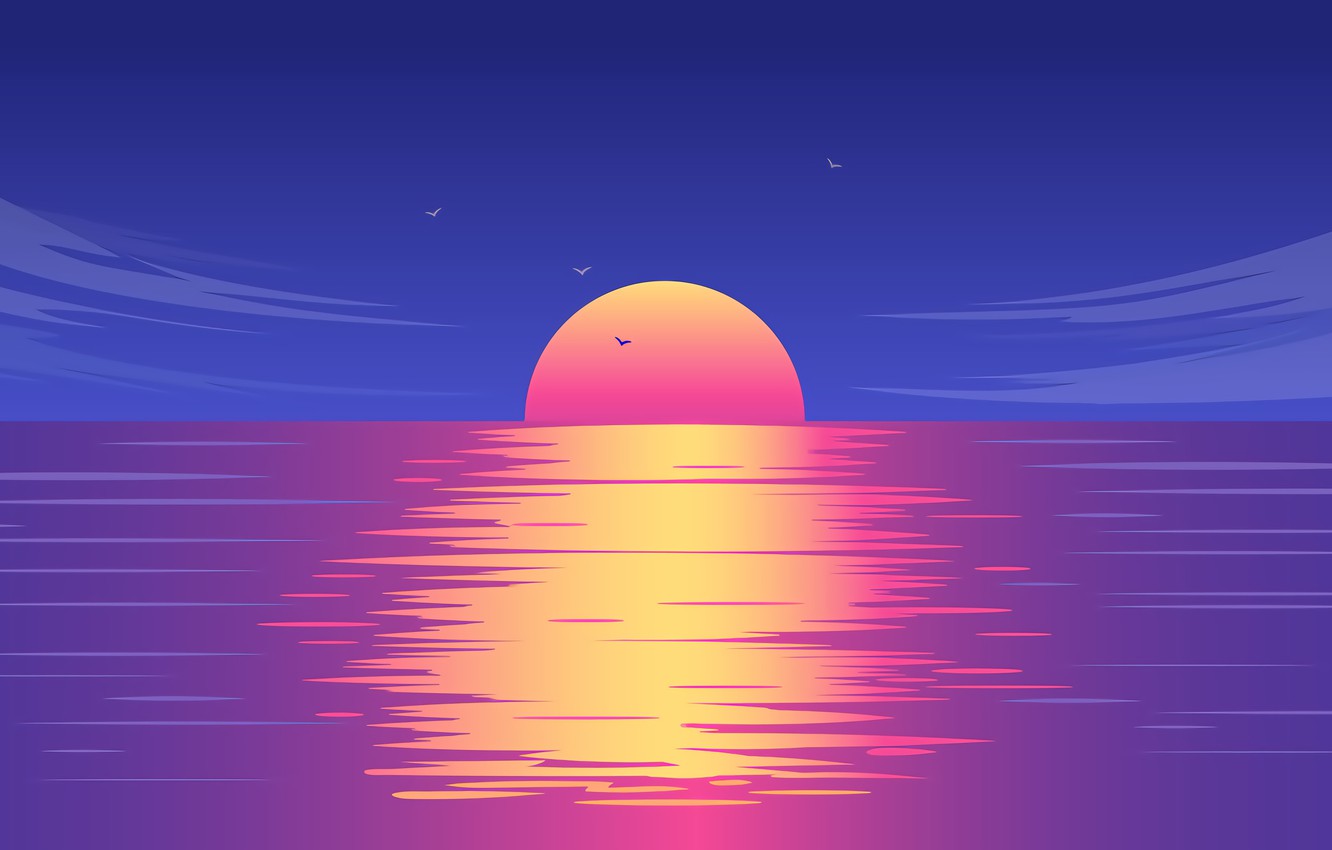 Wallpaper Sun, Water, Sunset, Skyline, reflect, digital art, Ocean, Sea, illustration, Artwok, Backlit image for desktop, section пейзажи