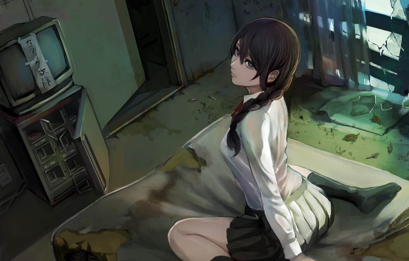 Wallpaper girl, anime, mattress, art, sitting image for desktop, section арт