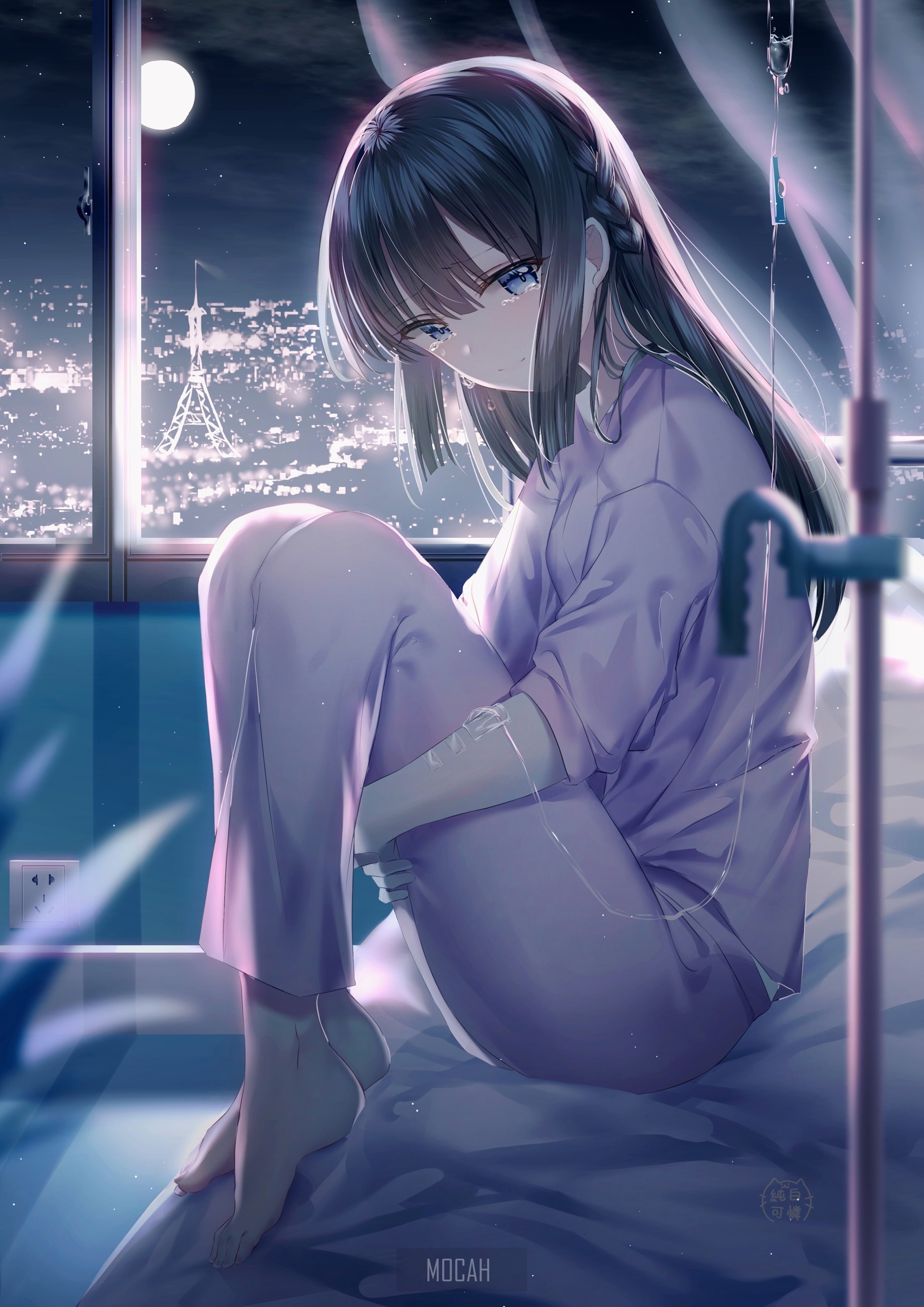 anime, anime girl, Moon, dark hair, barefoot, sitting, blue eyes wallpaper full hd, 2121x3000 Gallery HD Wallpaper