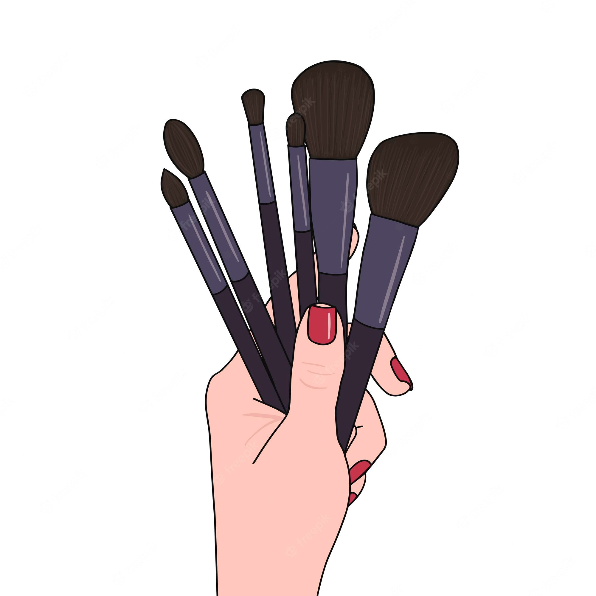 Premium Vector. Makeup brushes in hand on white background. illustration for printing, background, wallpaper, covers, packaging, greeting cards, posters, stickers, textile and seasonal design