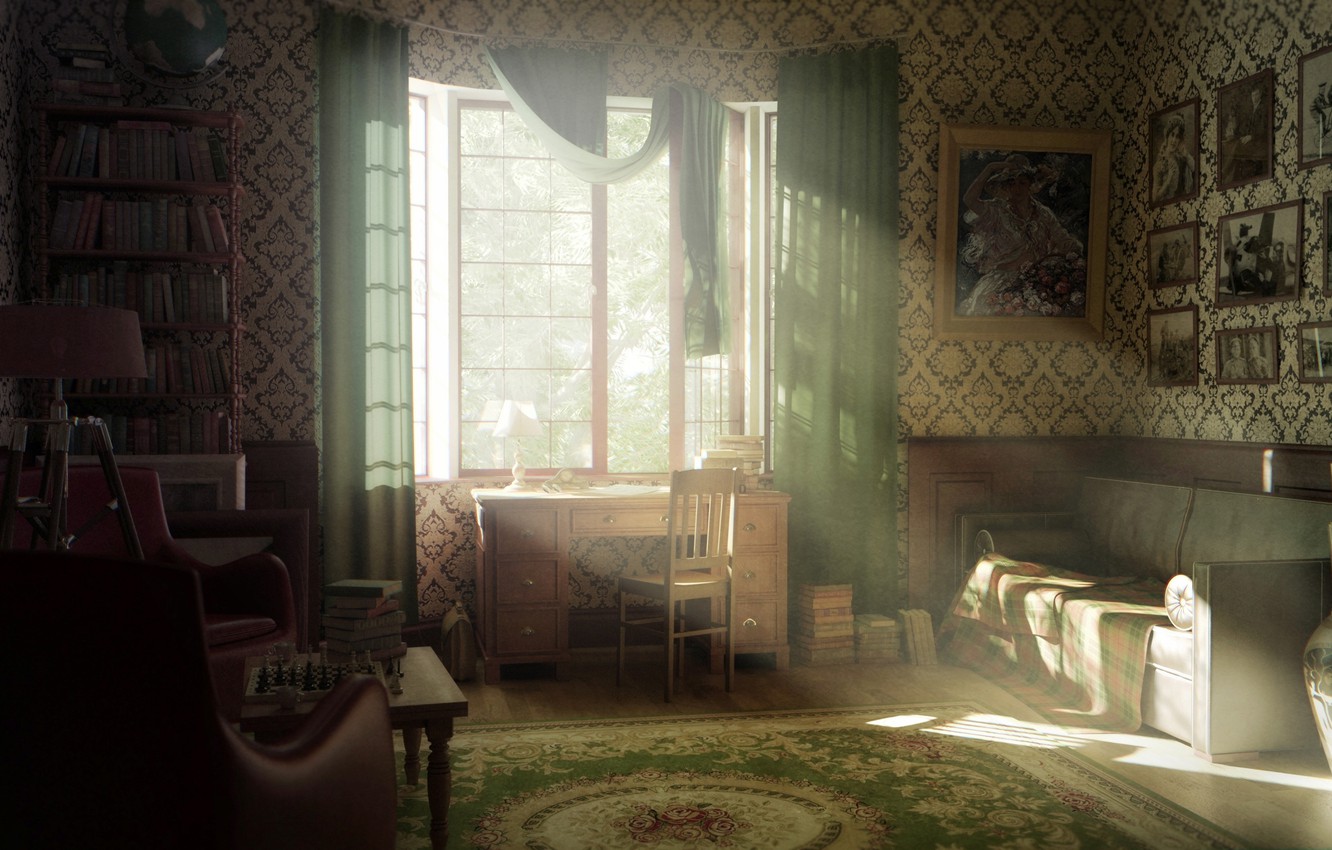 Wallpaper old, room, interior, window, the sun's rays, render image for desktop, section интерьер