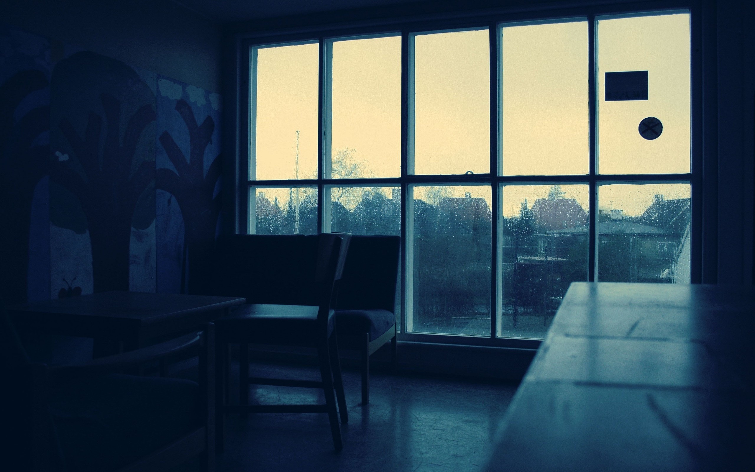 Wallpaper, room, rain, table, house, blue, chair, interior design, light, color, lighting, home, darkness, window covering 2560x1600