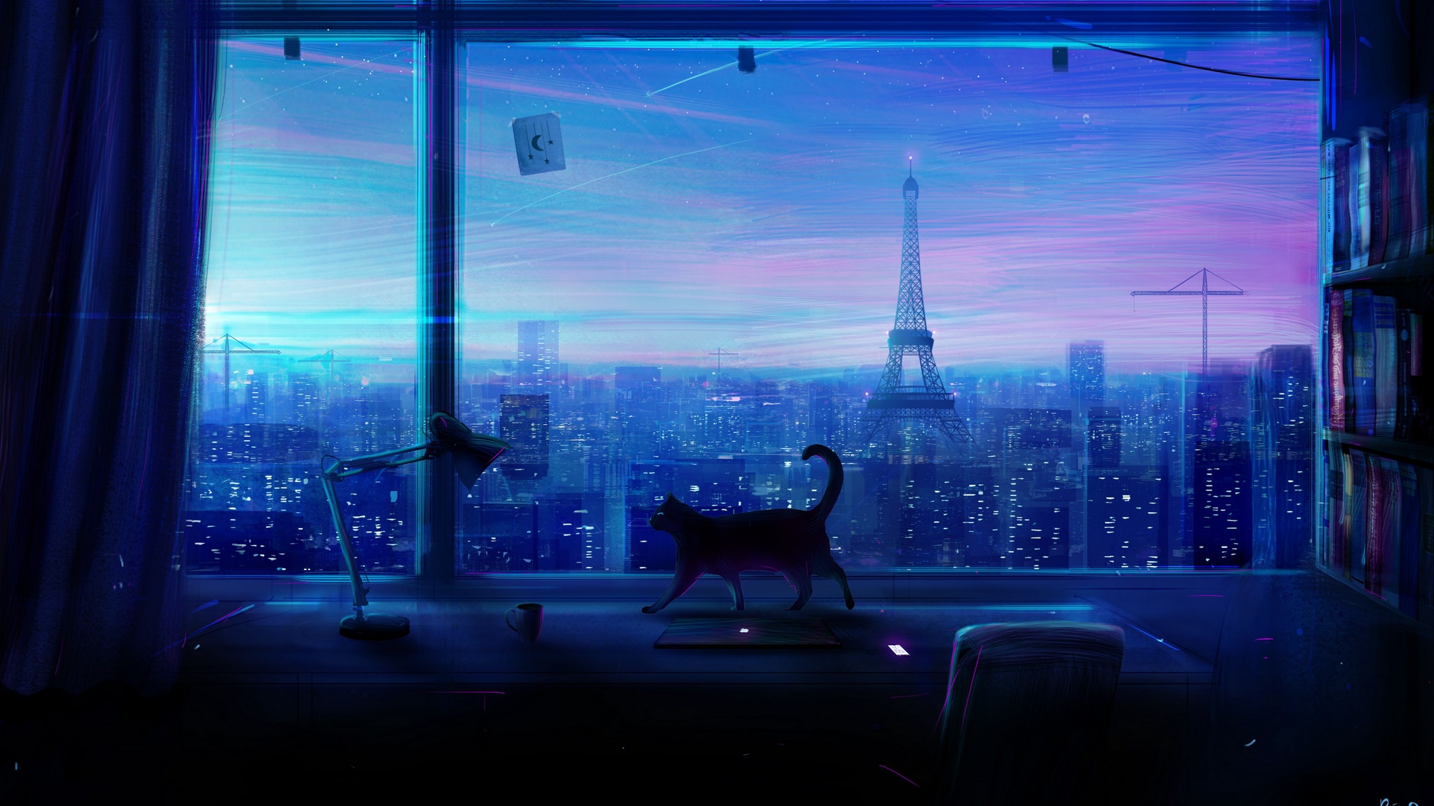 Wallpaper / cat, art, window, city, view, 4k free download