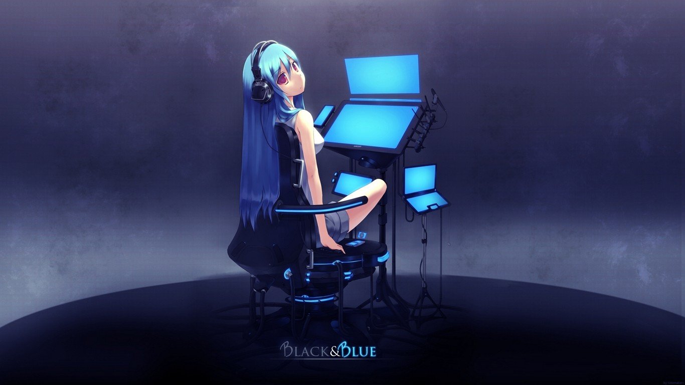 Anime Computer Anime Girls Headphones Blue Hair Technology Long Hair Cyan Wallpaper:1366x768