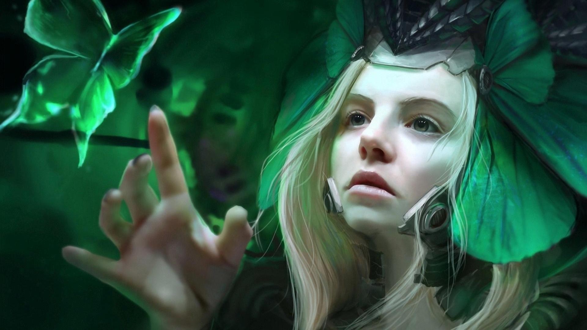 leaves, digital art, women, fantasy art, fantasy girl, artwork, butterfly, green, science fiction, animation, pixelated, color Gallery HD Wallpaper