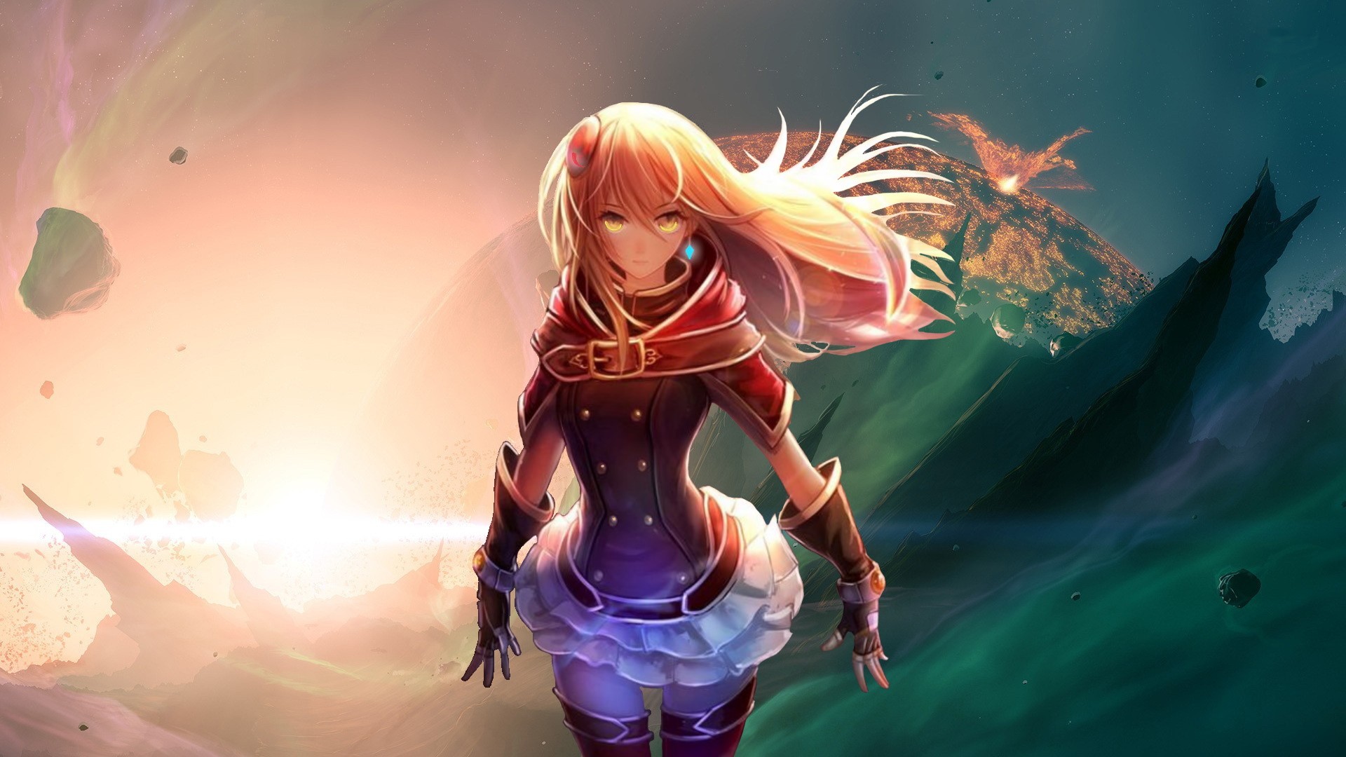 Wallpaper / anime, anime girls, fantasy girl, fantasy art, digital art, 2D, artwork, science fiction, Sun, sun rays, frontal view free download