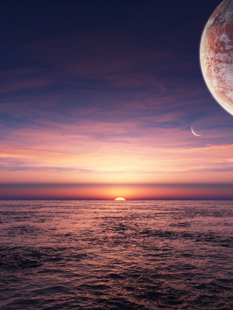 Nice Ocean Pink Sunset Planet iPad wallpaper