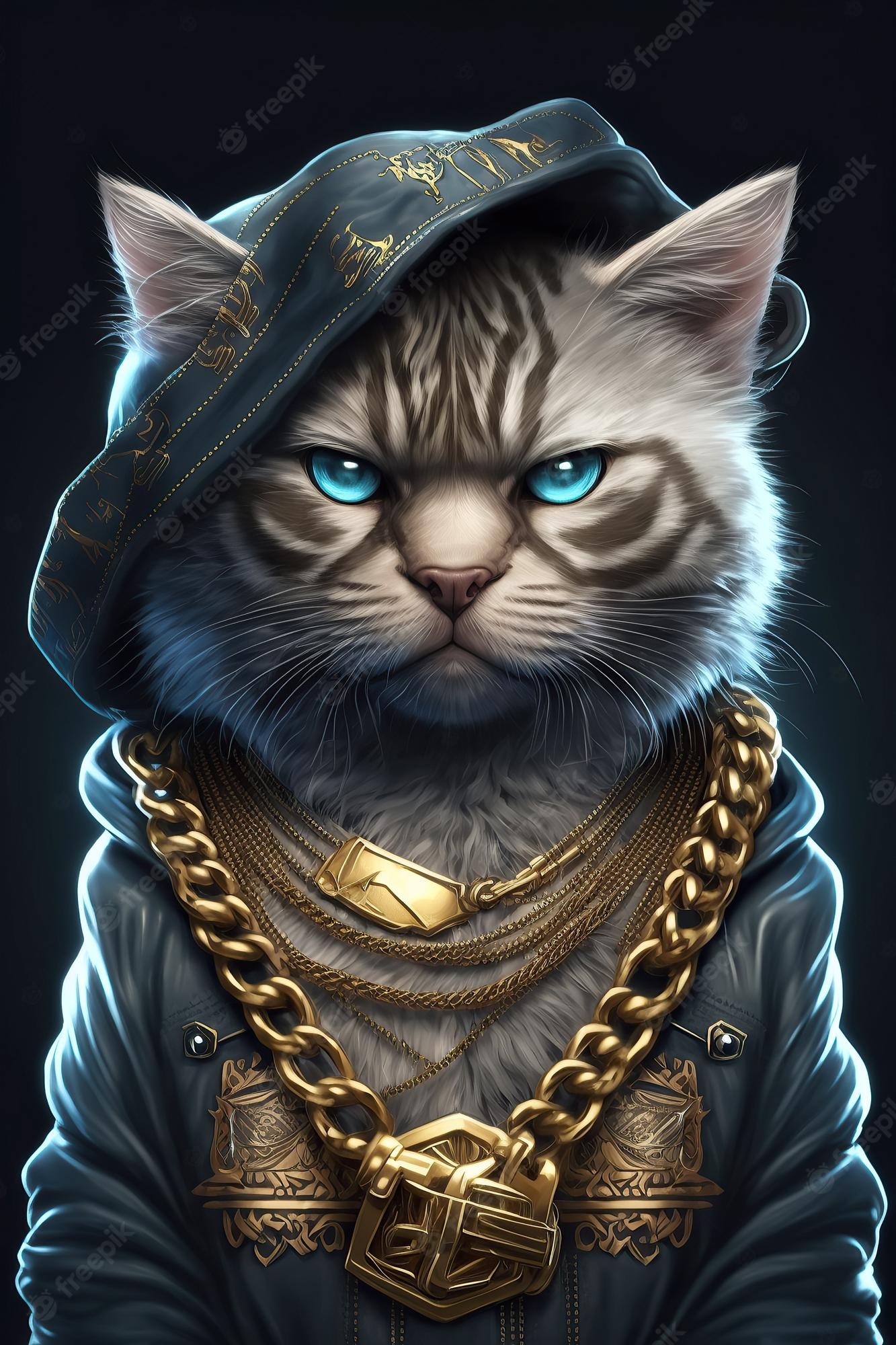 Premium Photo. Cat rapper boss in gangsta style with gold chains thug life concept illustration