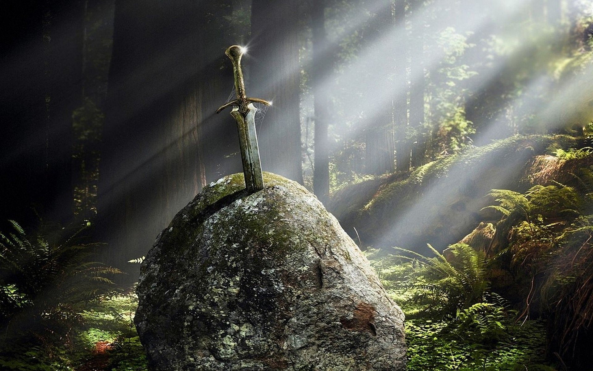 fantasy art, forest, artwork, weapon, stone, Excalibur, sword Gallery HD Wallpaper