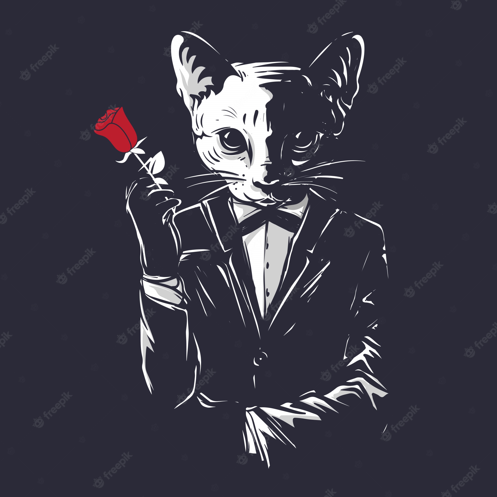 Premium Vector. Mafia gangster cat hold a rose flower