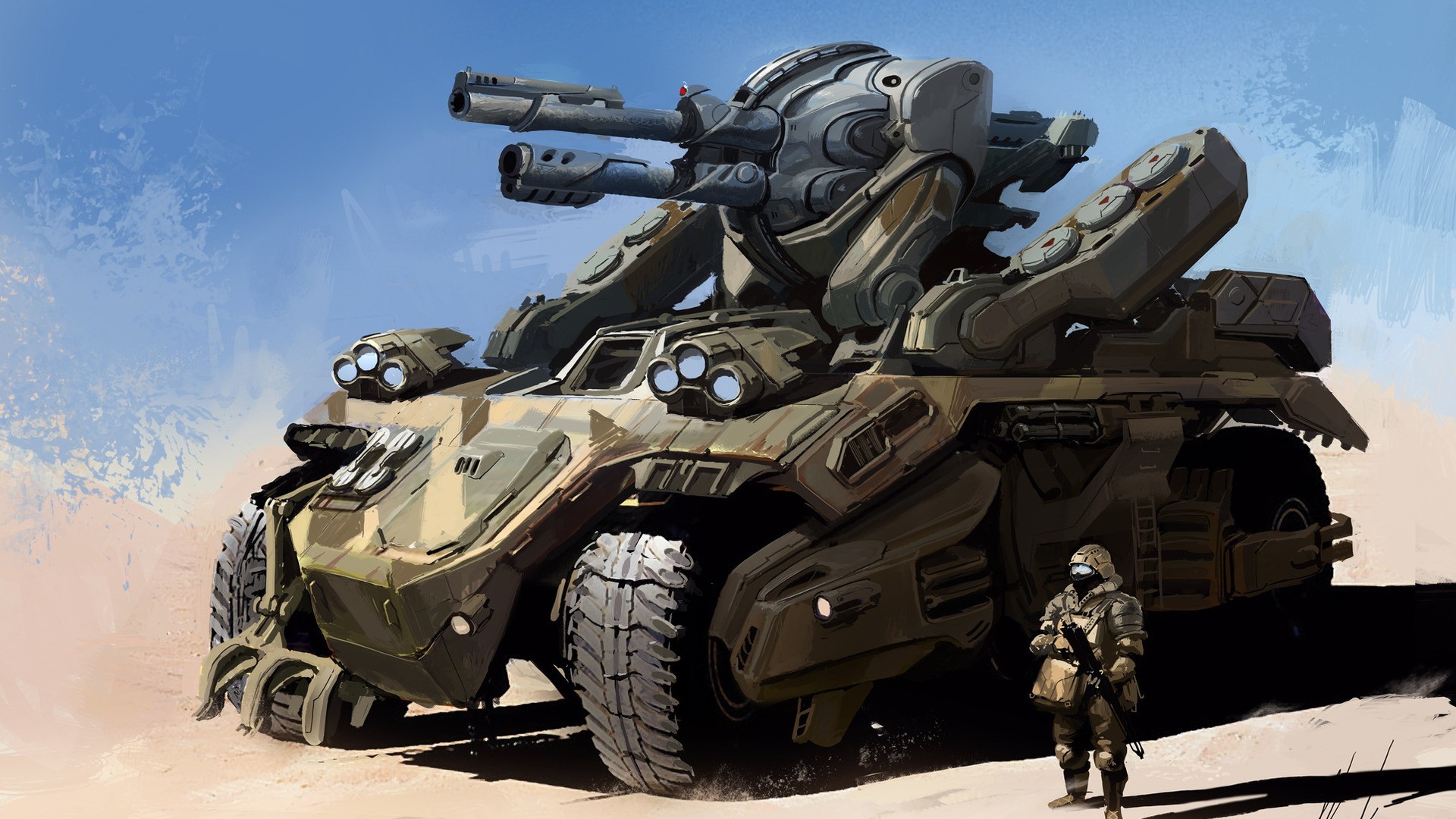 Wallpaper, vehicle, war, artwork, soldier, concept art, military, army, 1920x1080 px, reconnaissance, armored car 1920x1080