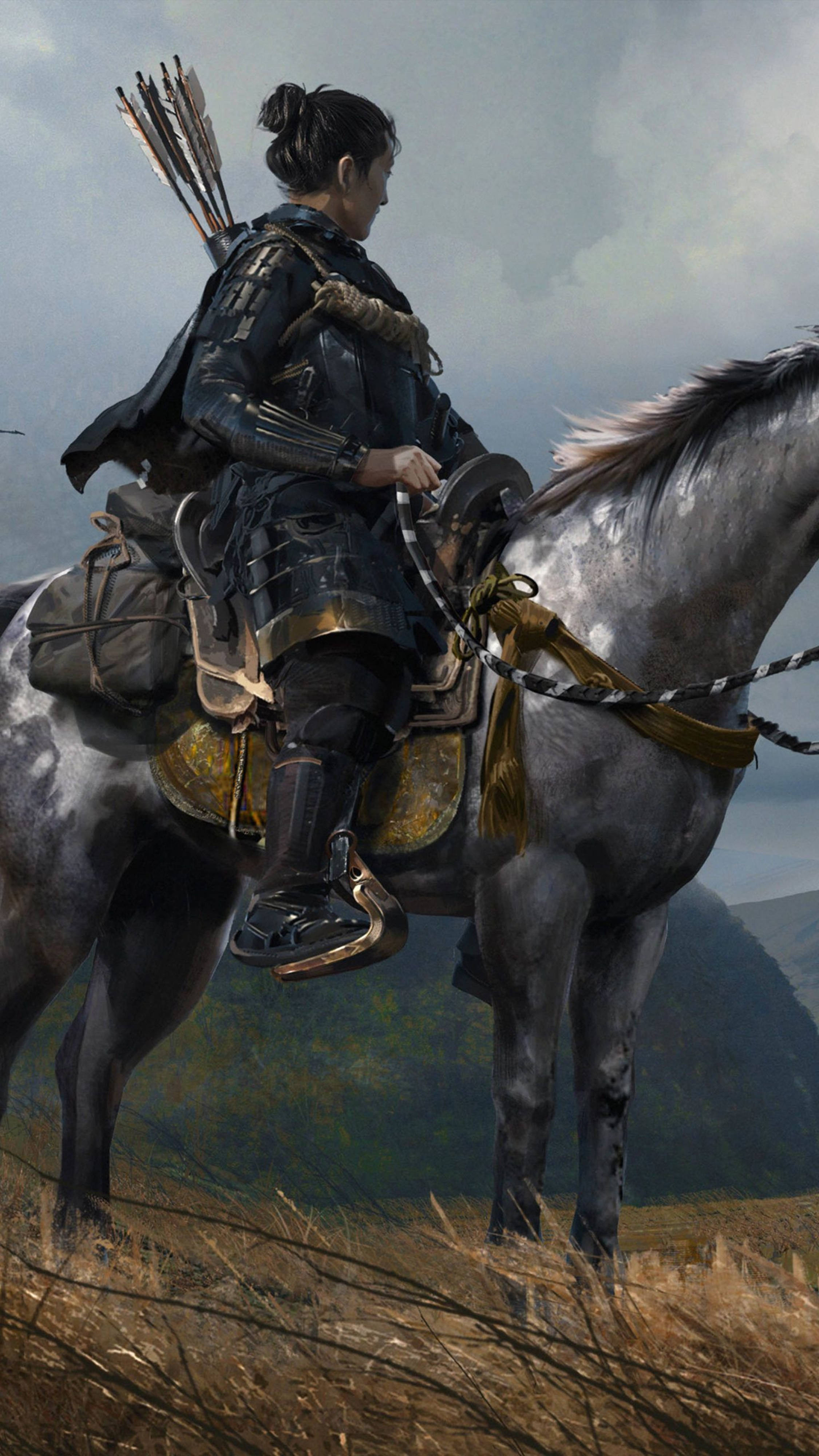 Download Ghost Of Tsushima Man Riding A Grey Horse 4k Wallpaper