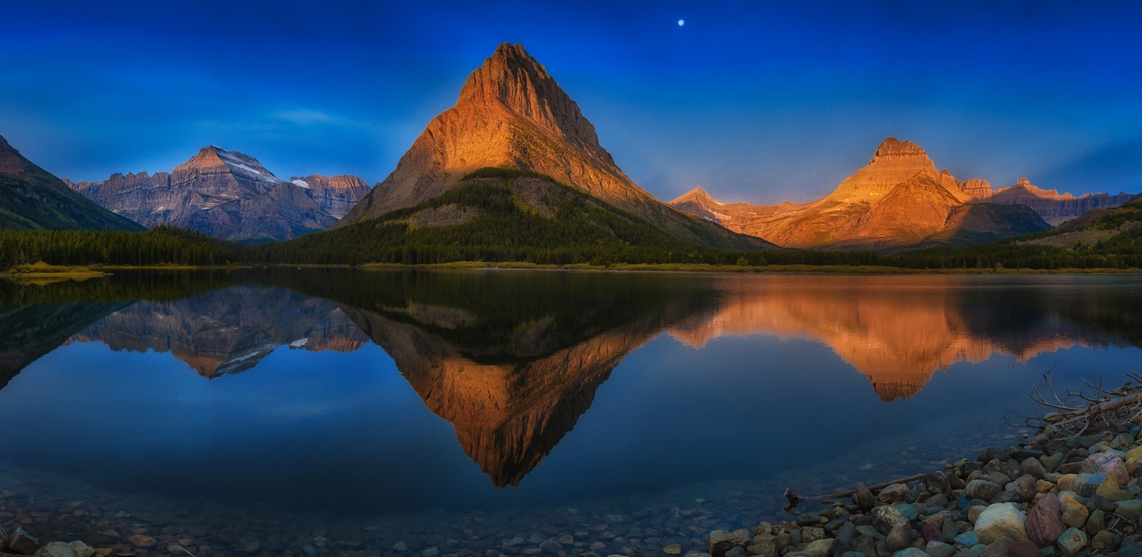 Wallpaper, landscape, forest, mountains, sunset, water, nature, reflection, stones, sunrise, Moon, blue, national park, summer, fjord, valley, wilderness, dusk, crater lake, Glacier National Park, Montana, plateau, autumn, dawn, tarn, loch, computer