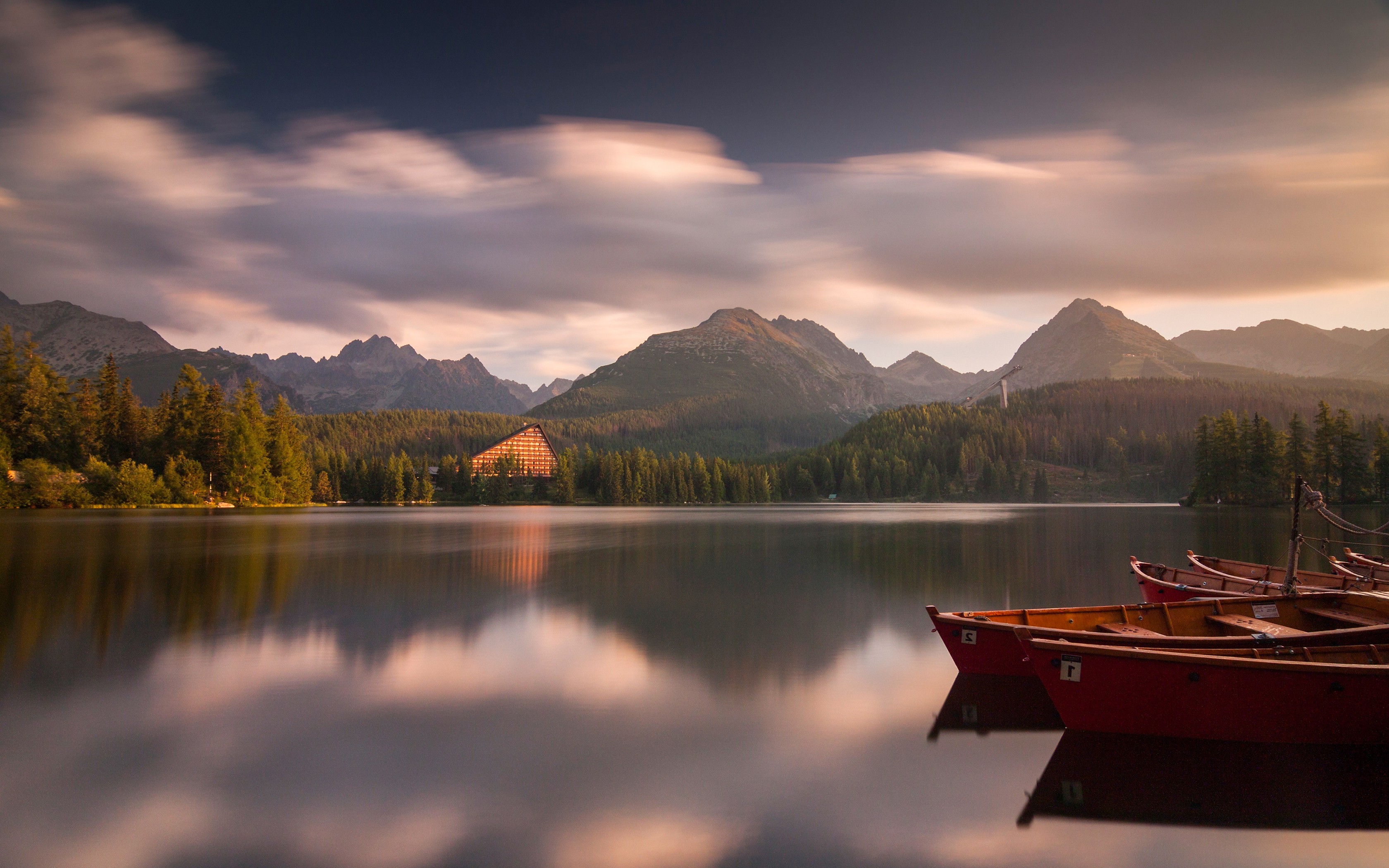 nature, Landscape, Mountain, Sunset, Lake, Forest, Boat, Calm, Clouds, Slovakia, Hotels Wallpaper HD / Desktop and Mobile Background