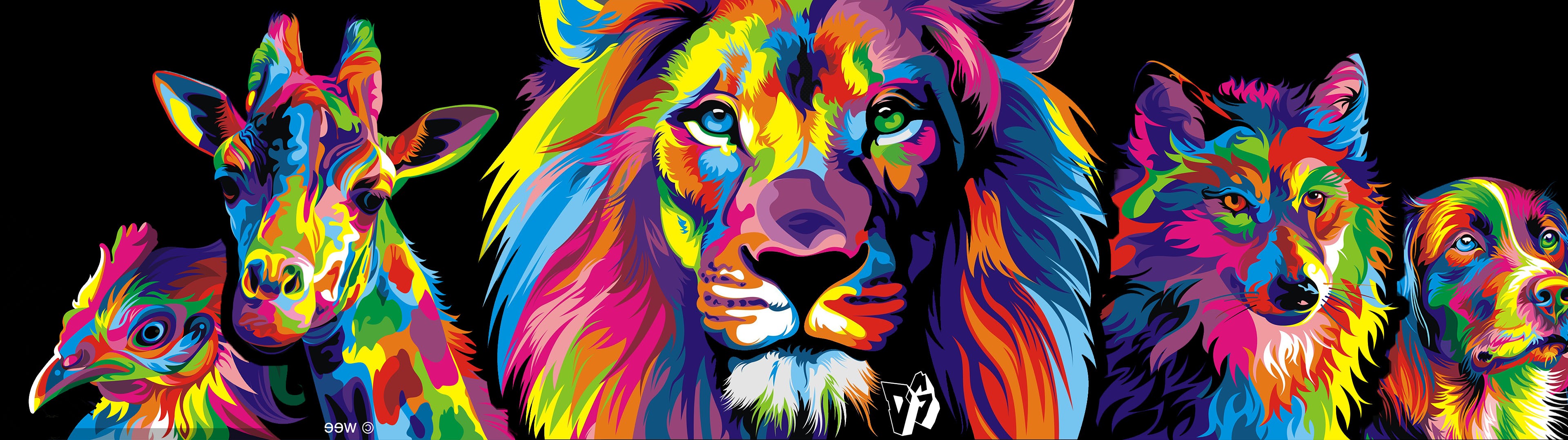 colorful, lion, chickens, dog, giraffes, animals, multiple display, wolf Gallery HD Wallpaper