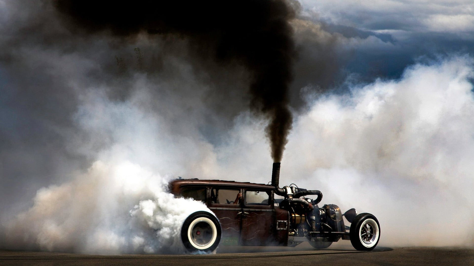 Vintage Black Coupe, Smoke, Car, Burnout, Hot Rod, Rat Rod, Smoke Structure Wallpaper