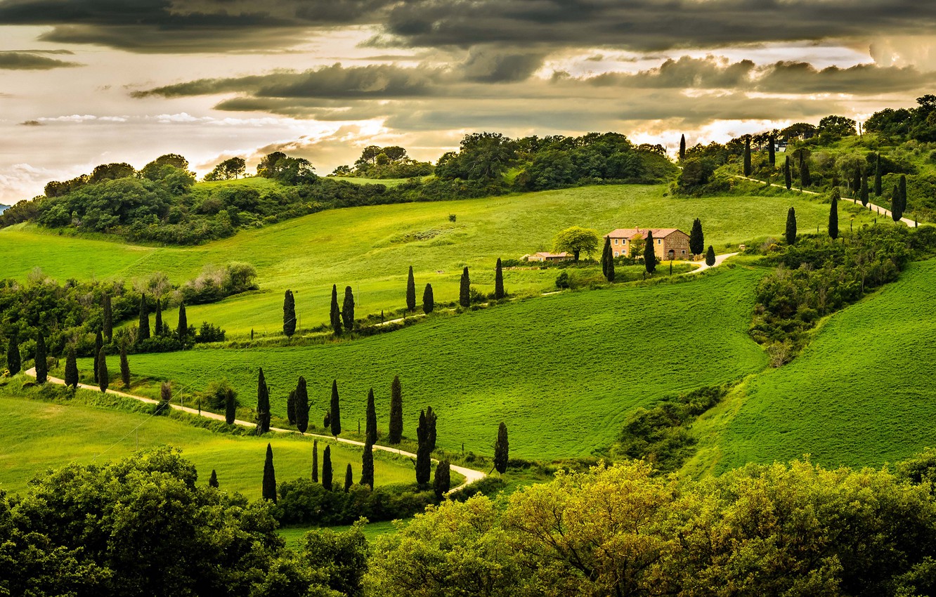 Wallpaper greens, the sky, clouds, trees, landscape, nature, house, hill, Italy, Italy, Italia, Umbria, Umbria image for desktop, section пейзажи
