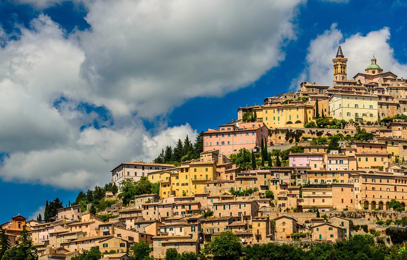 Wallpaper clouds, building, home, slope, Italy, panorama, town, Italy, Umbria, Umbria, Trevi, Trevi image for desktop, section город