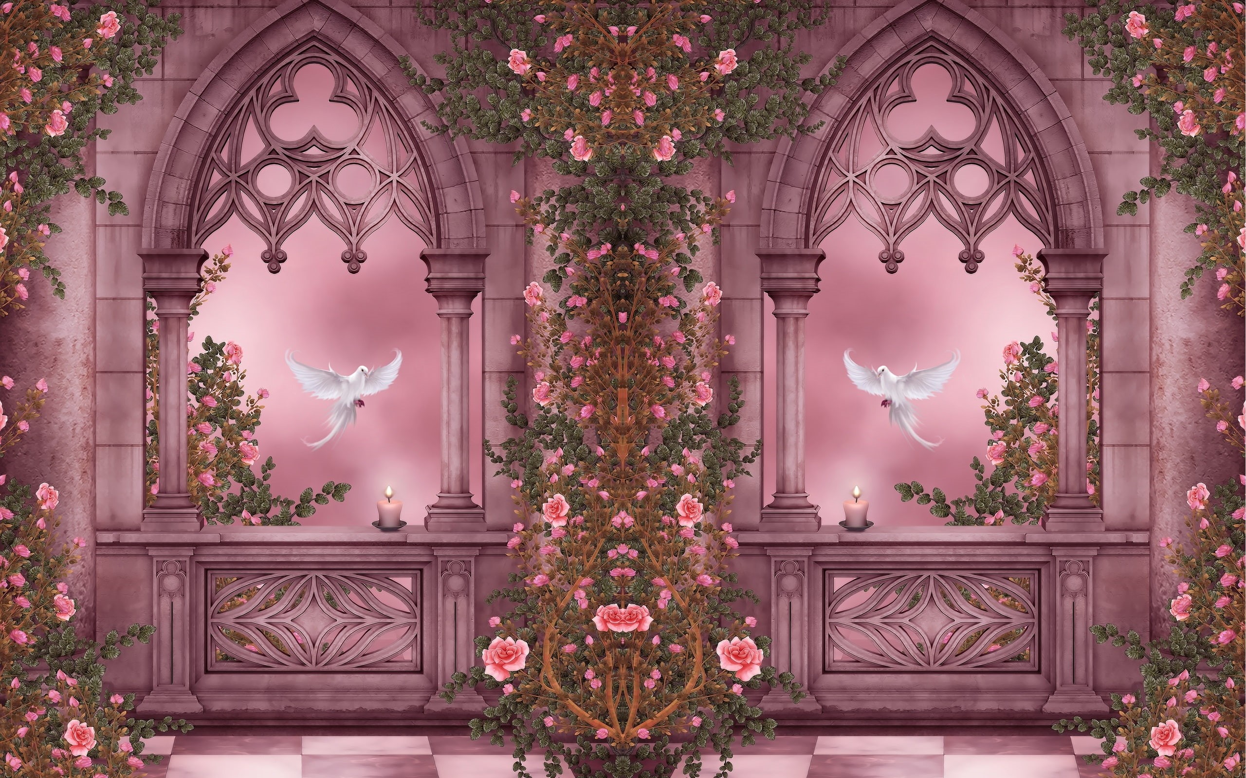 Wallpaper / Pigeons, Windows, Rose, 2K, Candles, Flowers, Garden, Picture, Roses, Art free download
