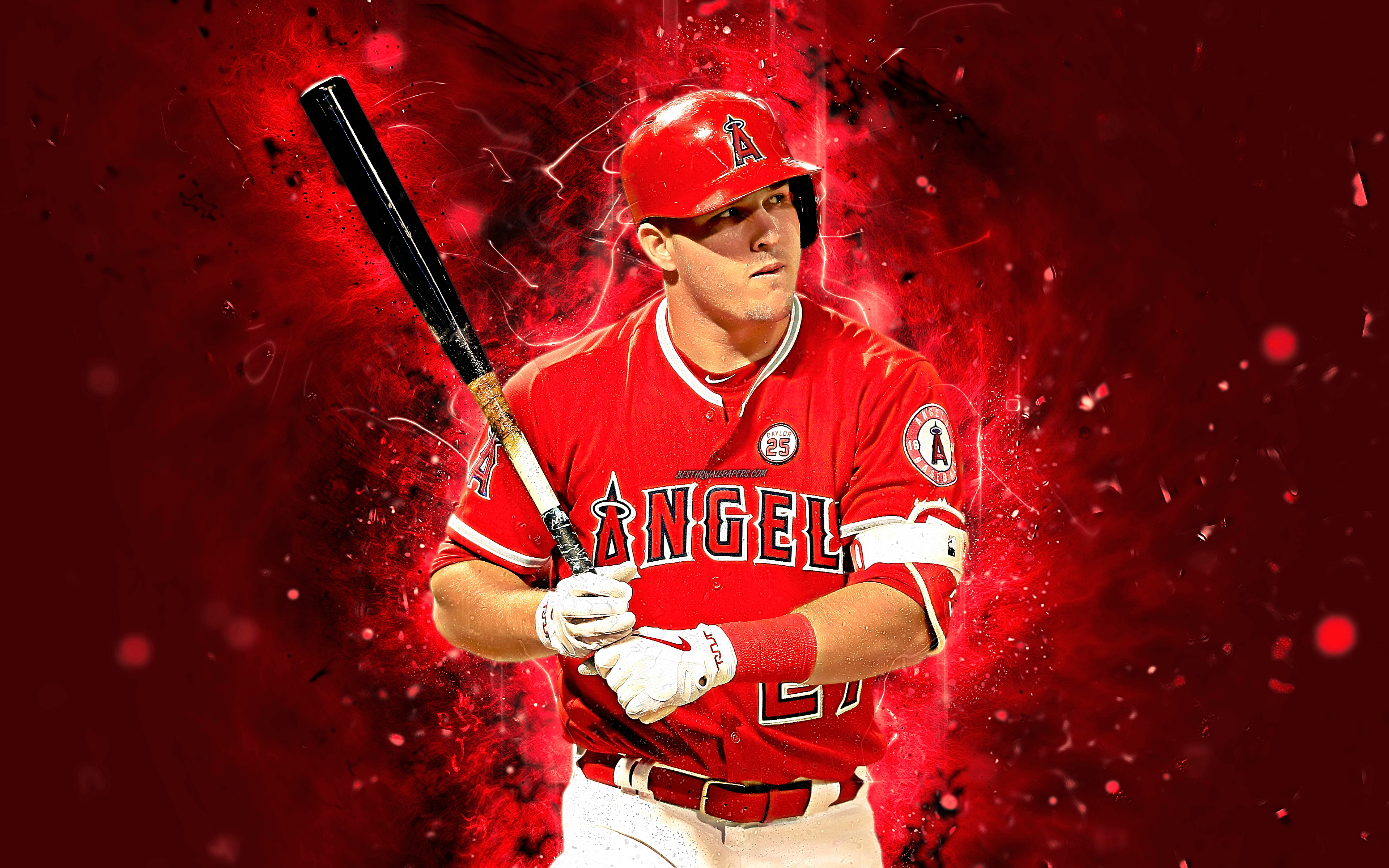 Download wallpaper Mike Trout, 4k, center fielder, abstract art, baseball, MLB, Los Angeles Angels, Trout, Major League Baseball, neon lights, LA Angels, creative for desktop with resolution 3840x2400. High Quality HD picture