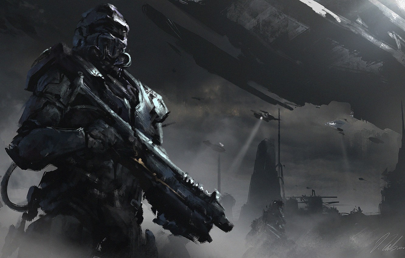 Wallpaper Figure, Soldiers, Art, Take Off, Darek Zabrocki, By Darek Zabrocki, 1h Sci Fi Sketch, Halo Tribute Image For Desktop, Section фантастика