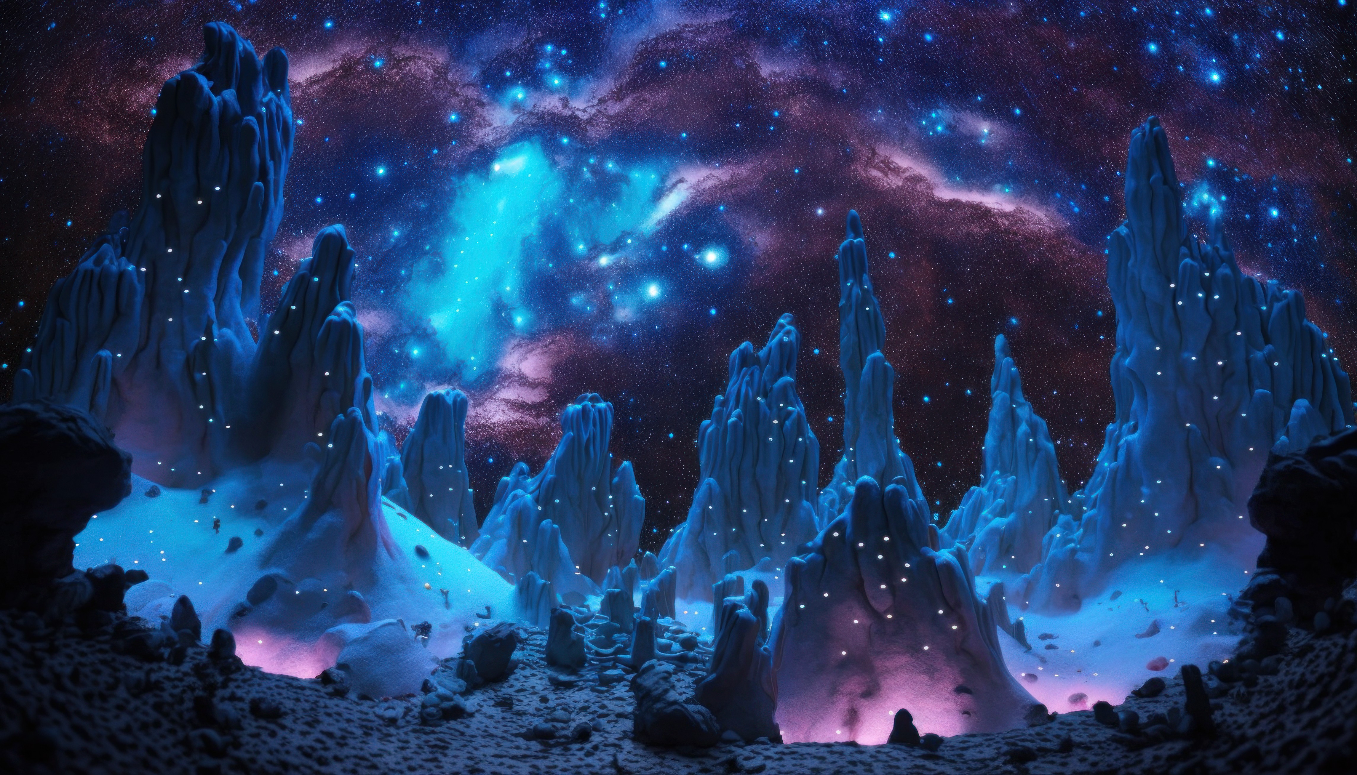 Wallpaper, ai art, illustration, surreal, nebula, space, stars, blue, rock formation, planet, science fiction, psychedelic, trippy 4579x2616