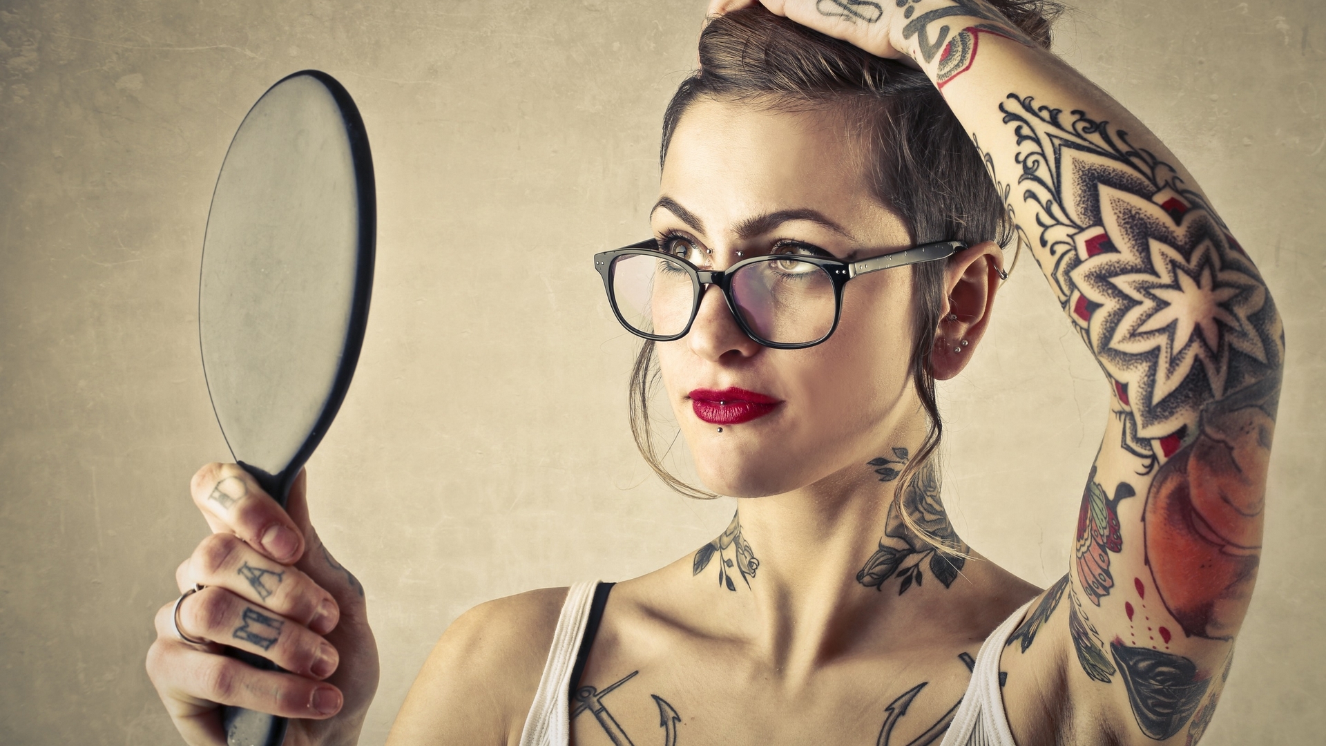 Wallpaper / girl, model, tattoo, mirror, woman free download