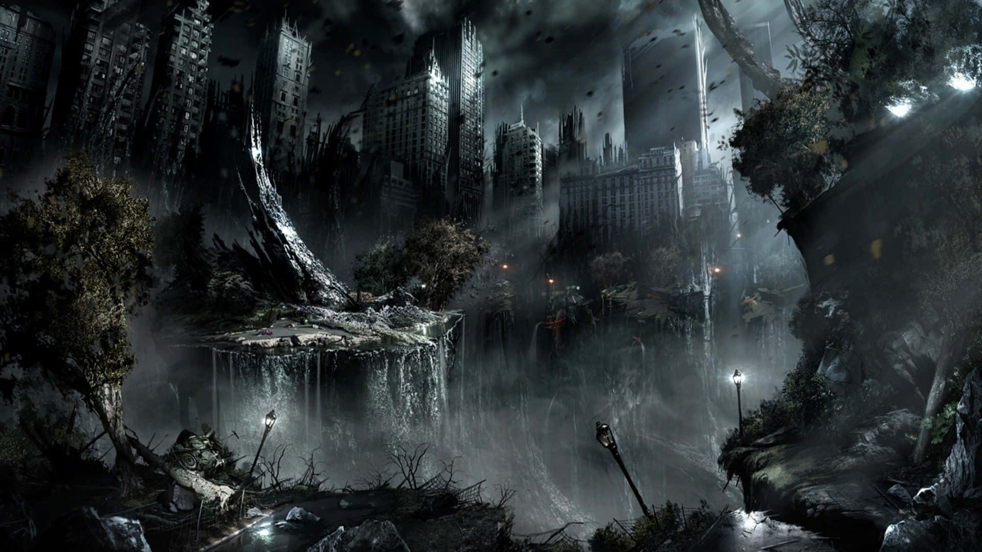 Download A Dark City With A Lot Of Trees And A Waterfall Wallpaper