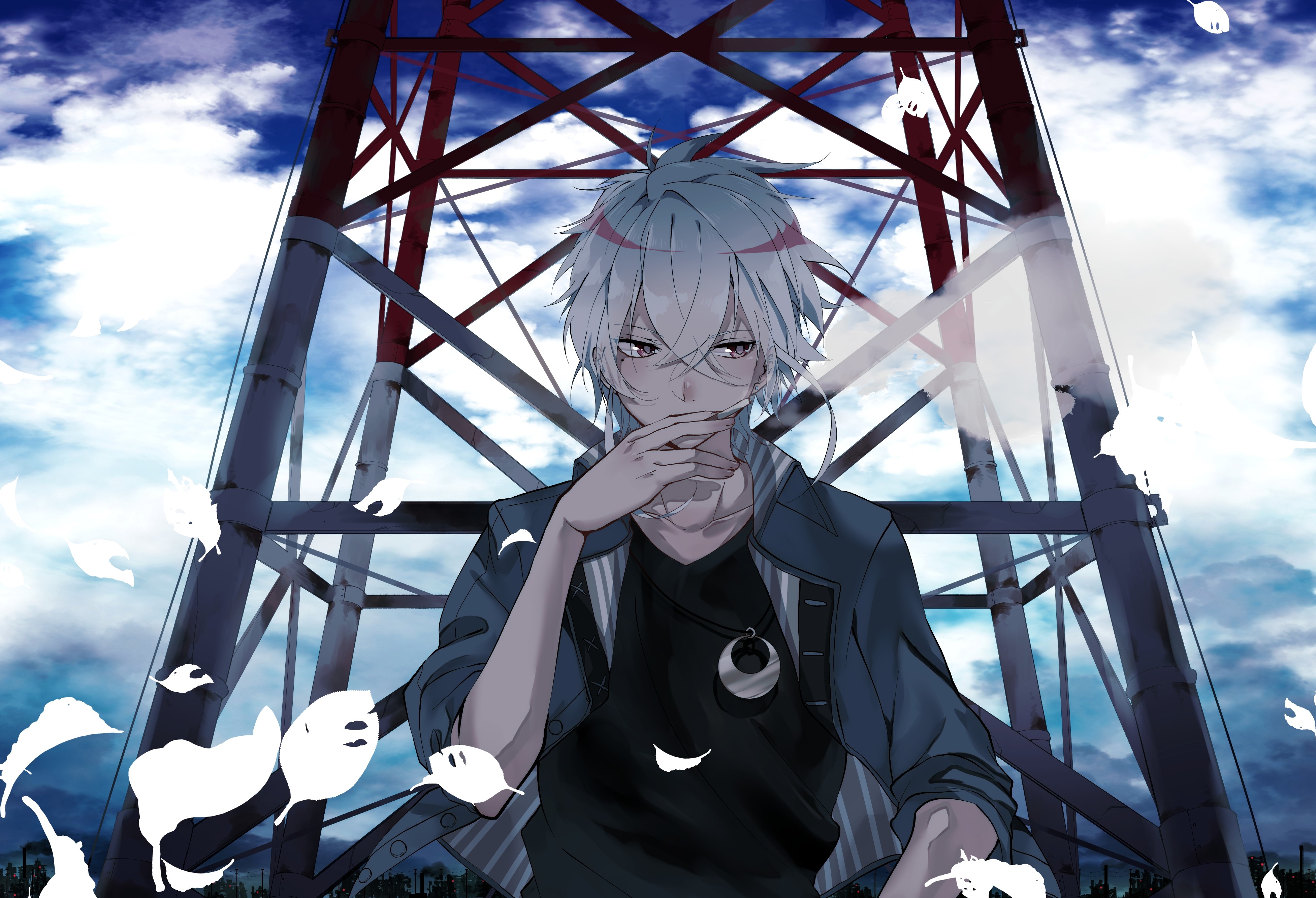 Wallpaper / smoking, tower, Male, feathers, sky, clouds, anime, necklace, white hair, smoke, frontal view, cigarettes, looking away free download
