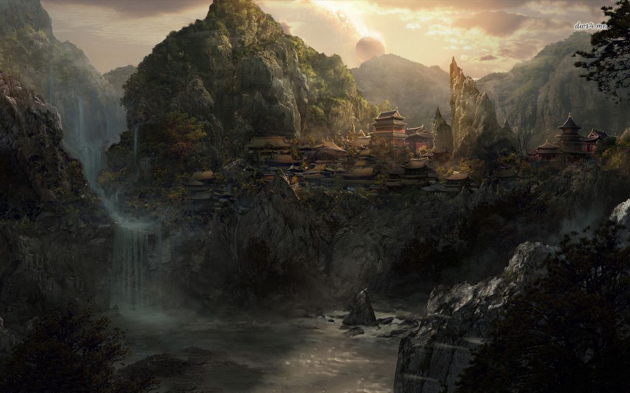 Asian village in the mountains HD wallpaper. Fantasy landscape, Fantasy art landscapes, Landscape