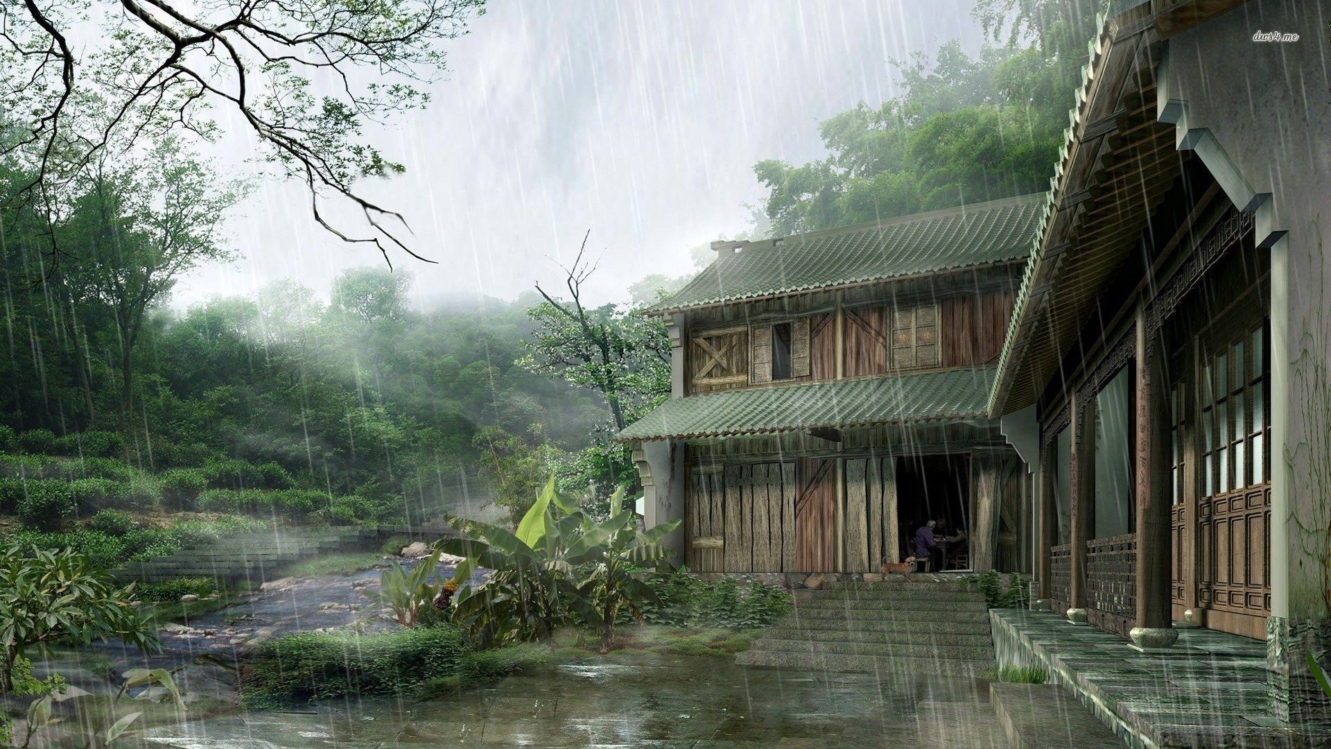 digital art, fantasy art, house, leaves, artwork, window, China, rain, plants, trees, stairs Gallery HD Wallpaper