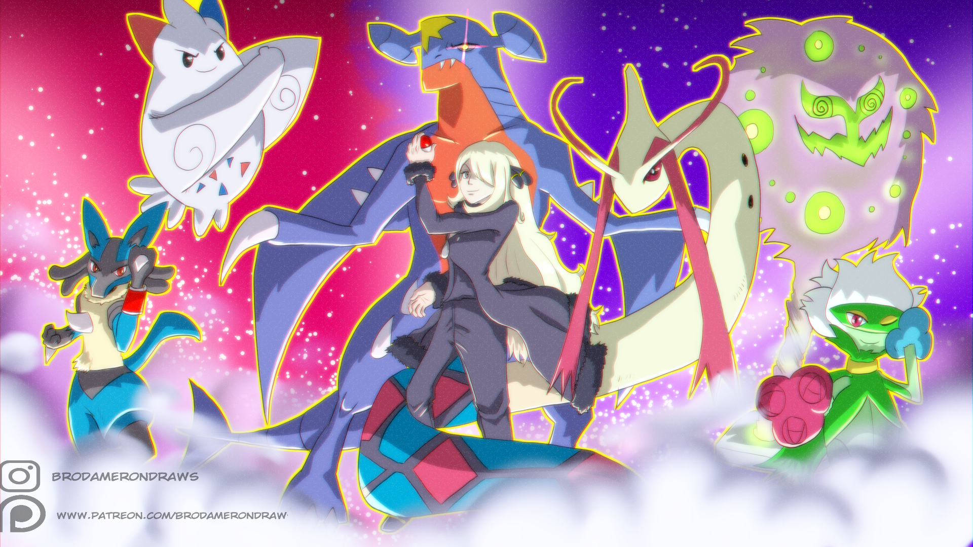 OC I drew a Cynthia wallpaper with her Pokemon Platinum team!