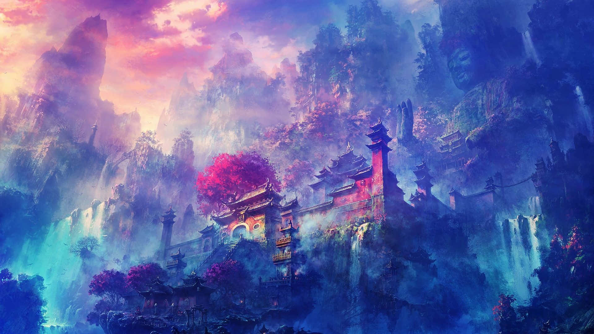 Download A Painting Of A Chinese Village With Waterfalls And Trees