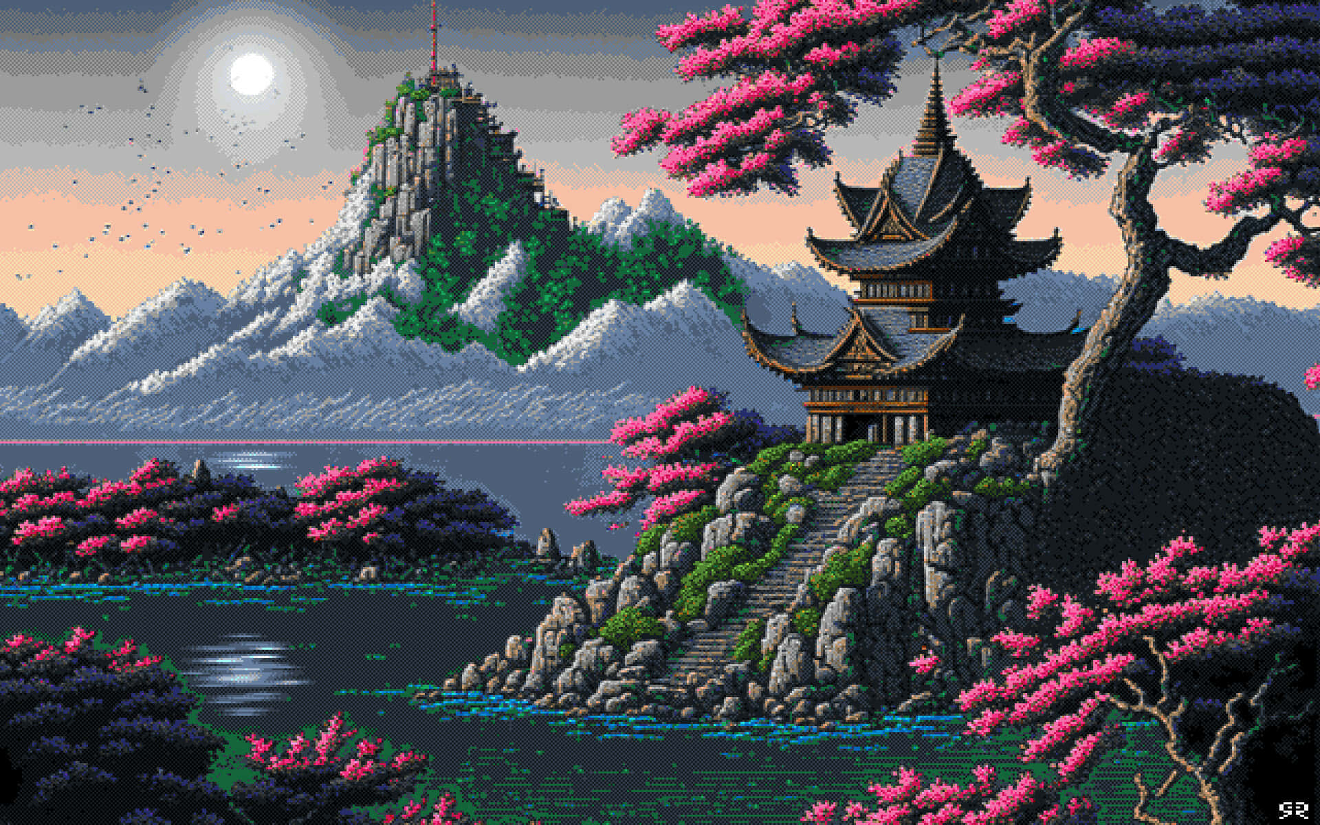 Download A Pixelated Painting Of A Chinese Village Wallpaper