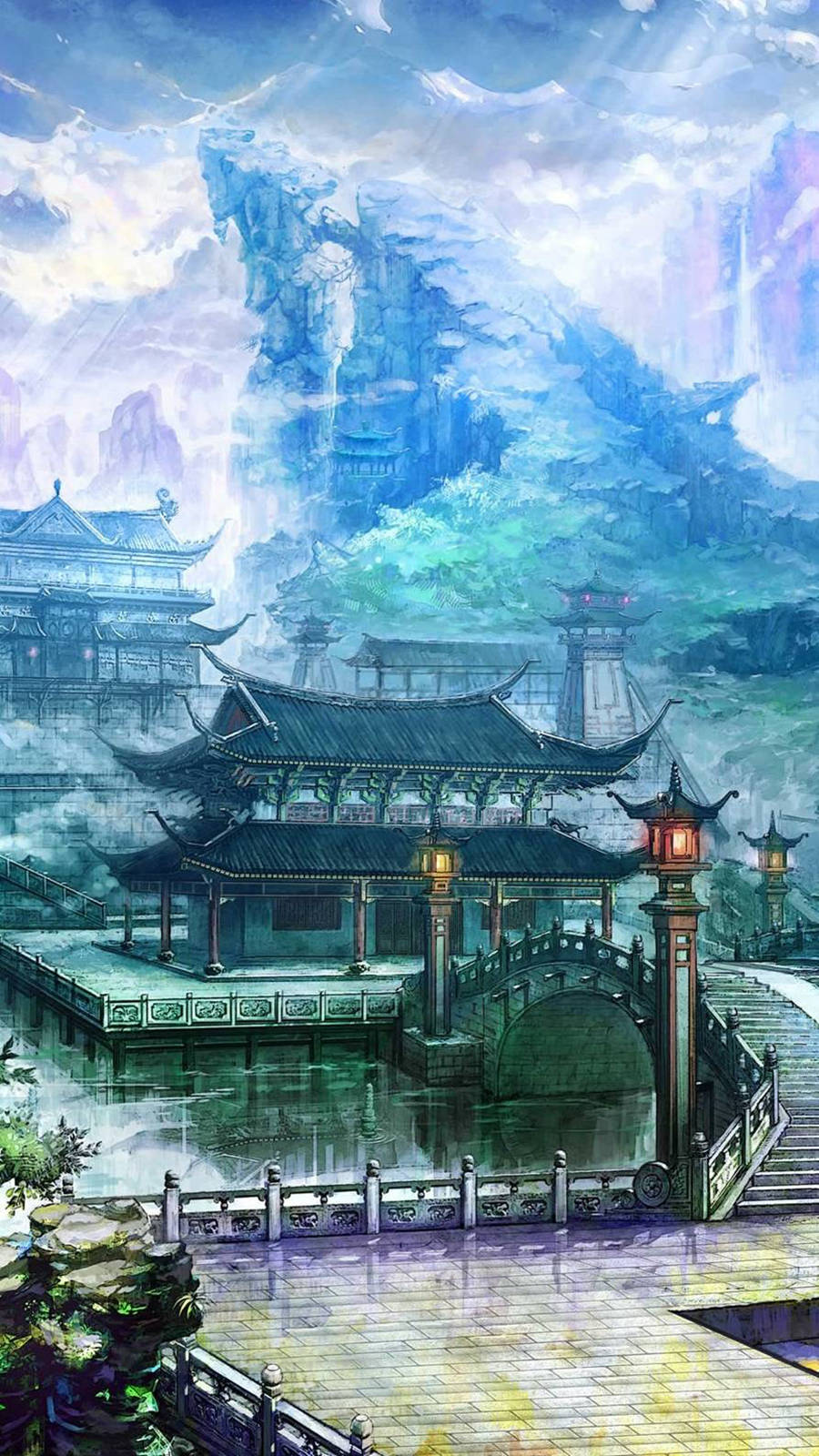 Download A Chinese Village With A Bridge And A Temple Wallpaper