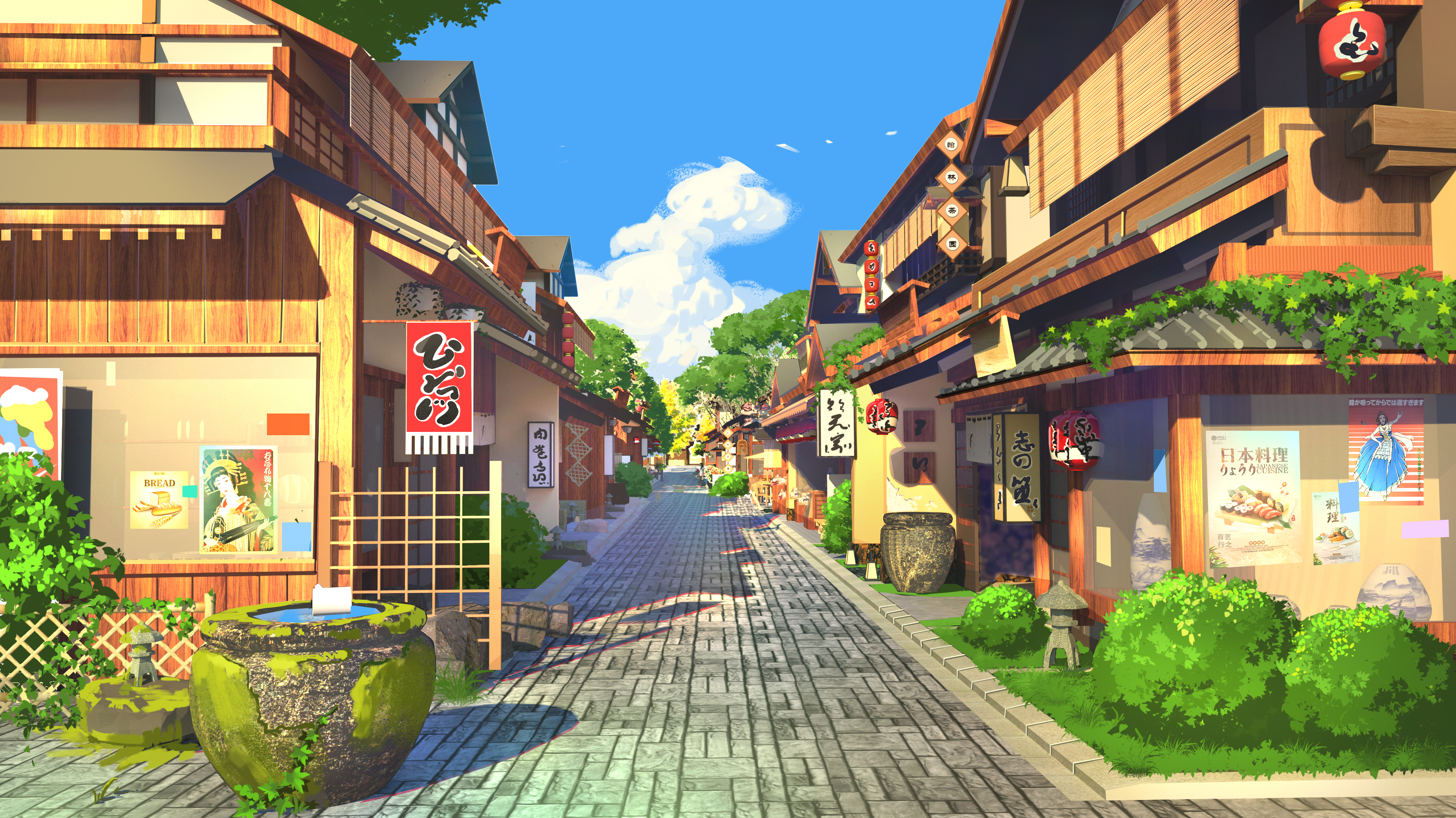 Wallpaper, lv, Touhou, Game CG, Background Art, sky, clouds, street, Chinese architecture, digital art, daylight, trees, plant pot 3556x2000