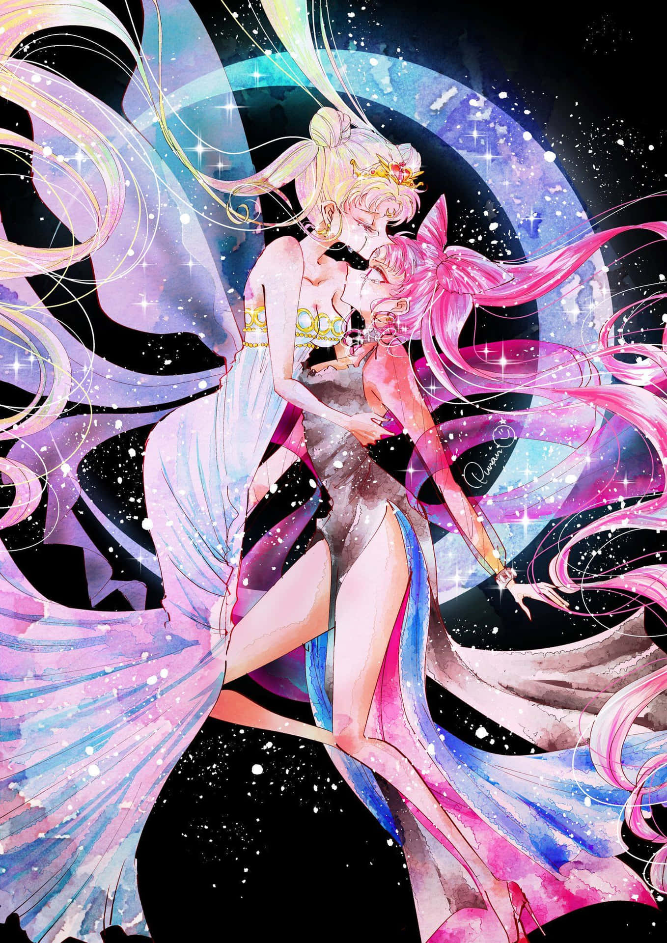 Download Two Anime Girls In Pink Dresses Hugging Each Other Wallpaper