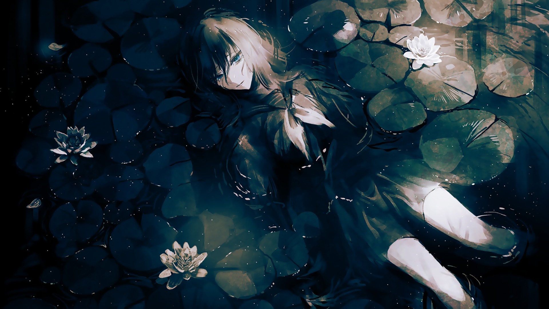 anime, anime girls, blue, solo, darkness, screenshot, computer Gallery HD Wallpaper