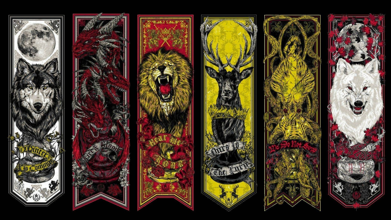 Download wallpaper moon, crow, lion, wolf, dragon, A Song of Ice and Fire, Game of Thrones, Winterfell, Westeros, deer, Stark, Targaryen, Lannister, Greyjoy, Baratheon, medieval, section films in resolution 1280x720