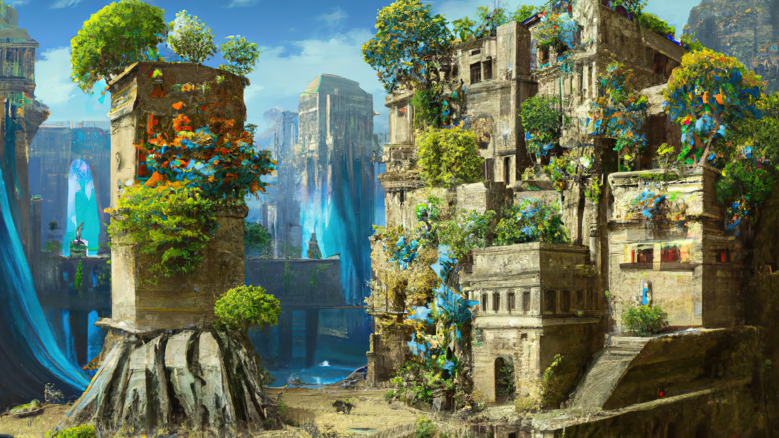 Wallpaper, ai art, AI painting, fantasy art, Hanging Gardens of Babylon, ancient city, tropical 3840x2160