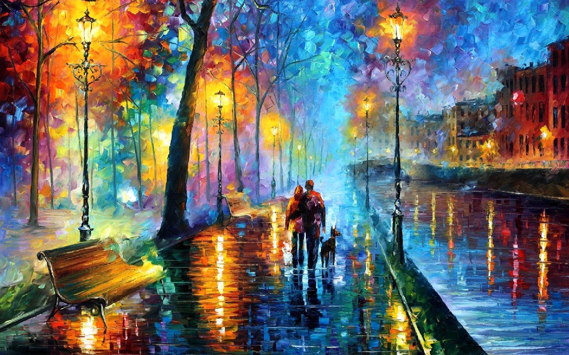 painting, reflection, bench, Leonid Afremov, ART, computer wallpaper, modern art, acrylic paint, impressionist Gallery HD Wallpaper