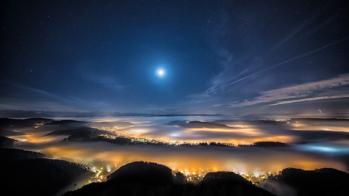 Wallpaper / night sky, night city, earth, sky, stars, clouds, light, height, moon free download