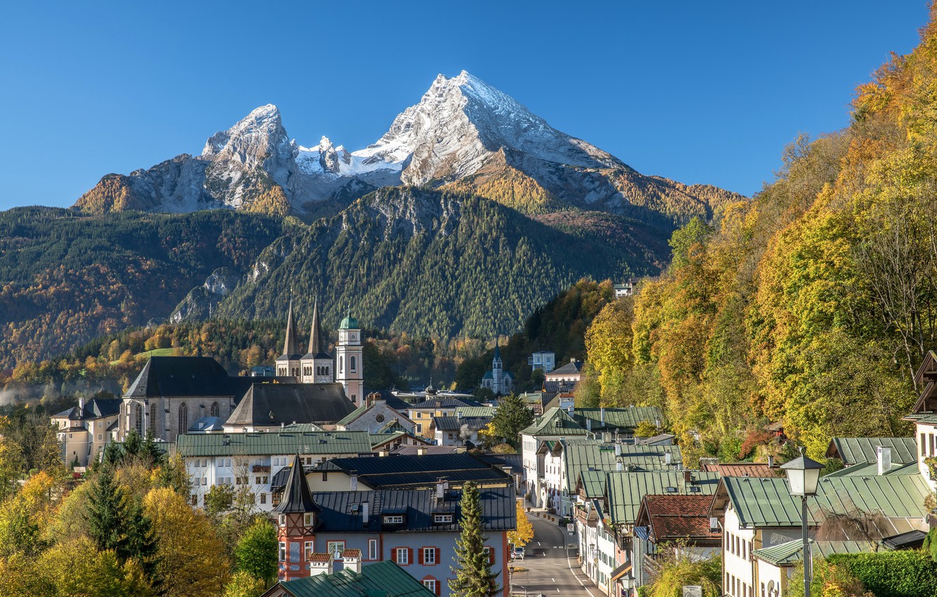 Wallpaper autumn, landscape, mountains, street, home, Germany, Bayern, Church, Berchtesgaden image for desktop, section город