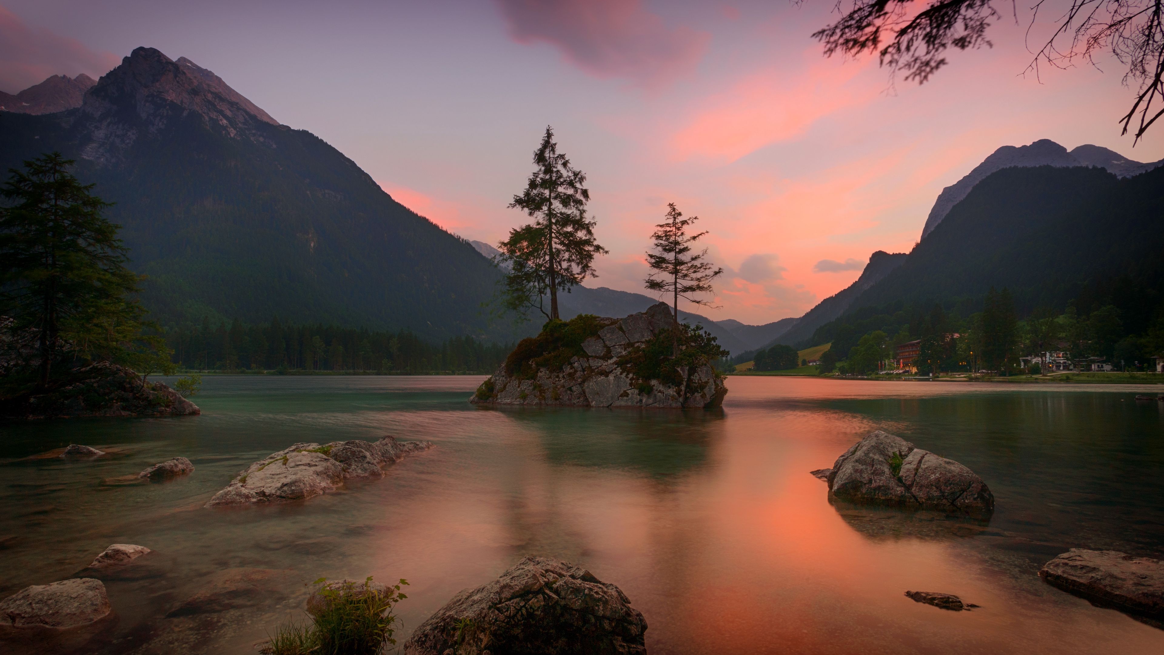 Wallpaper / lake, rocks, trees, mountains, ramsau bei berchtesgaden, germany, 4k free download