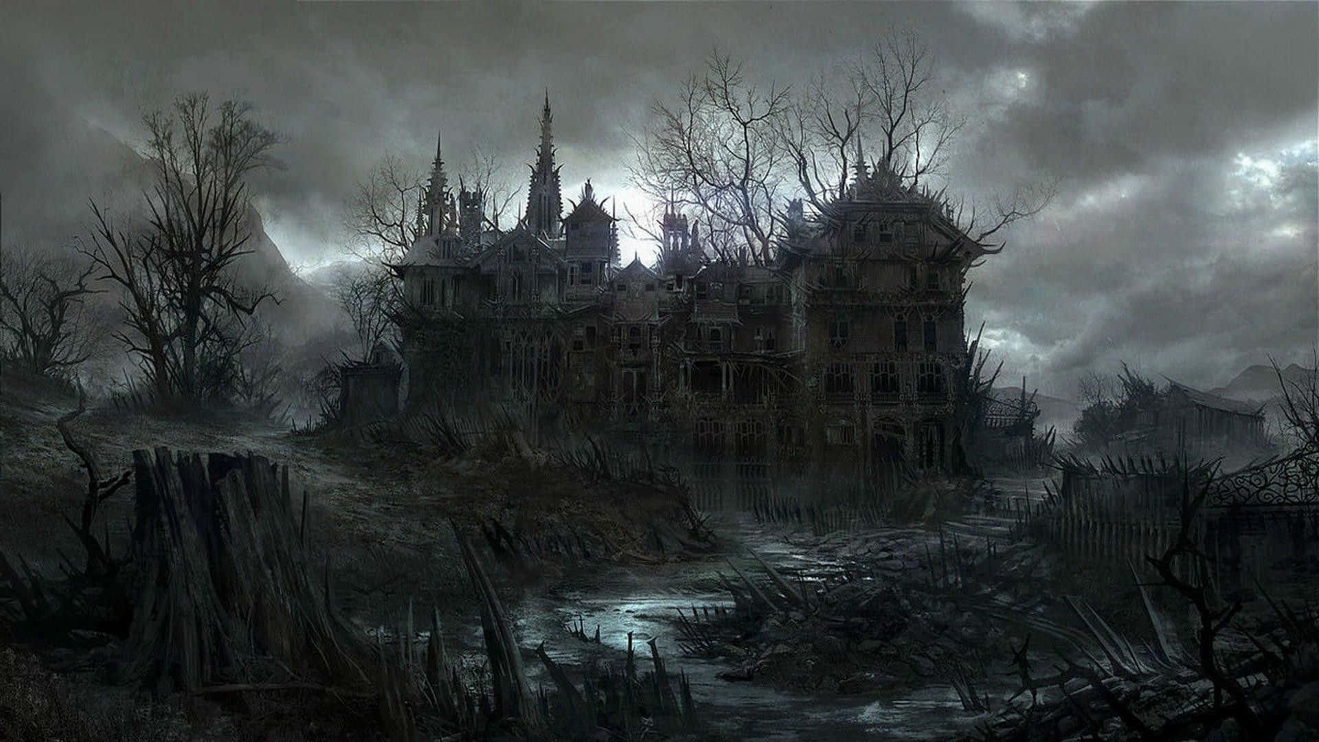 Download A Dark And Spooky Castle With Trees And A River