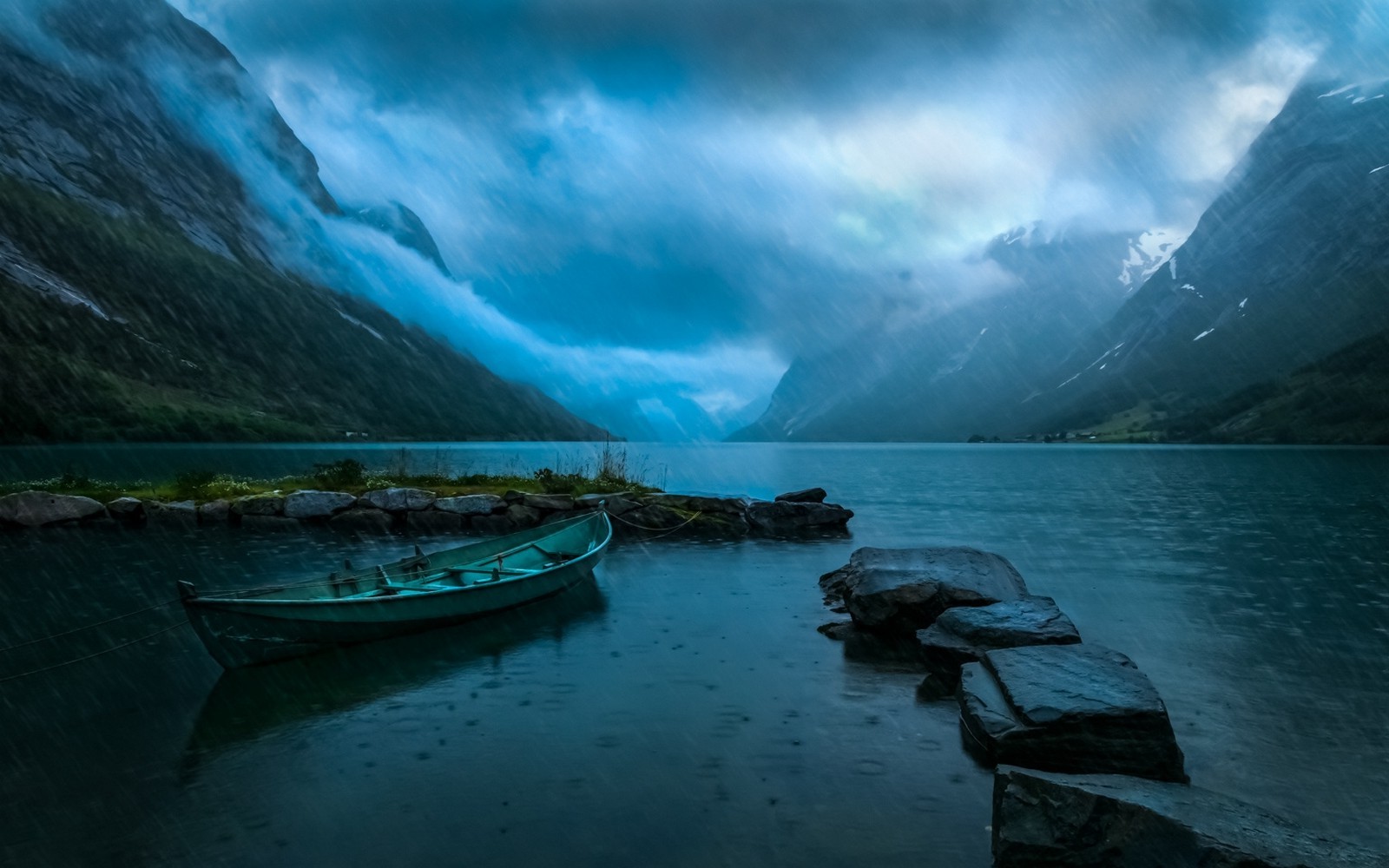 nature, Landscape, Lake, Mountain, Norway, Clouds, Rain, Blue, Boat, Water, Mist Wallpaper HD / Desktop and Mobile Background