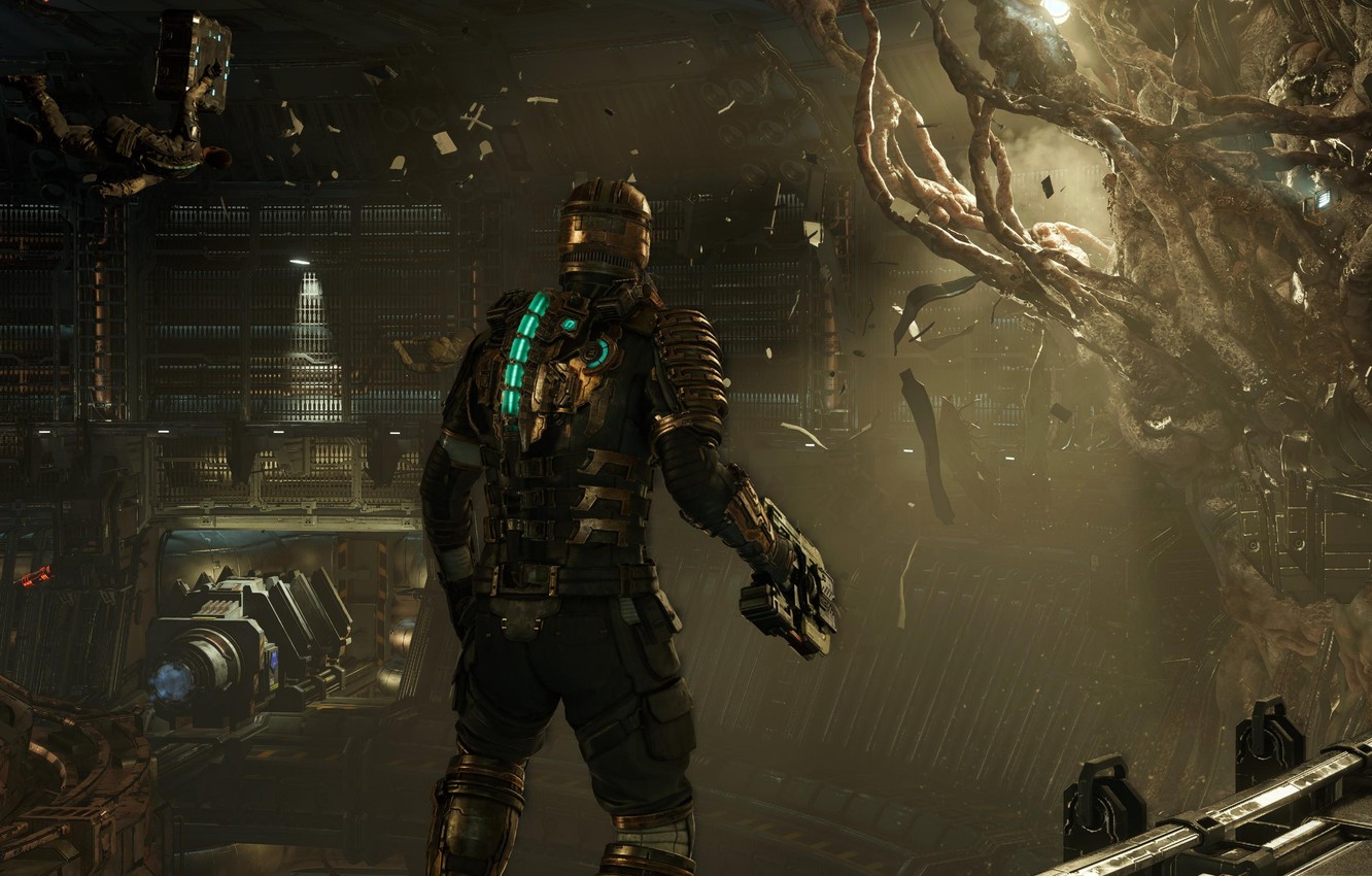 Wallpaper horror, game, Electronic Arts, Isaac Clark, engineer suit, zero gravity, 2023, Dead Space Remake, plasma cutter image for desktop, section игры