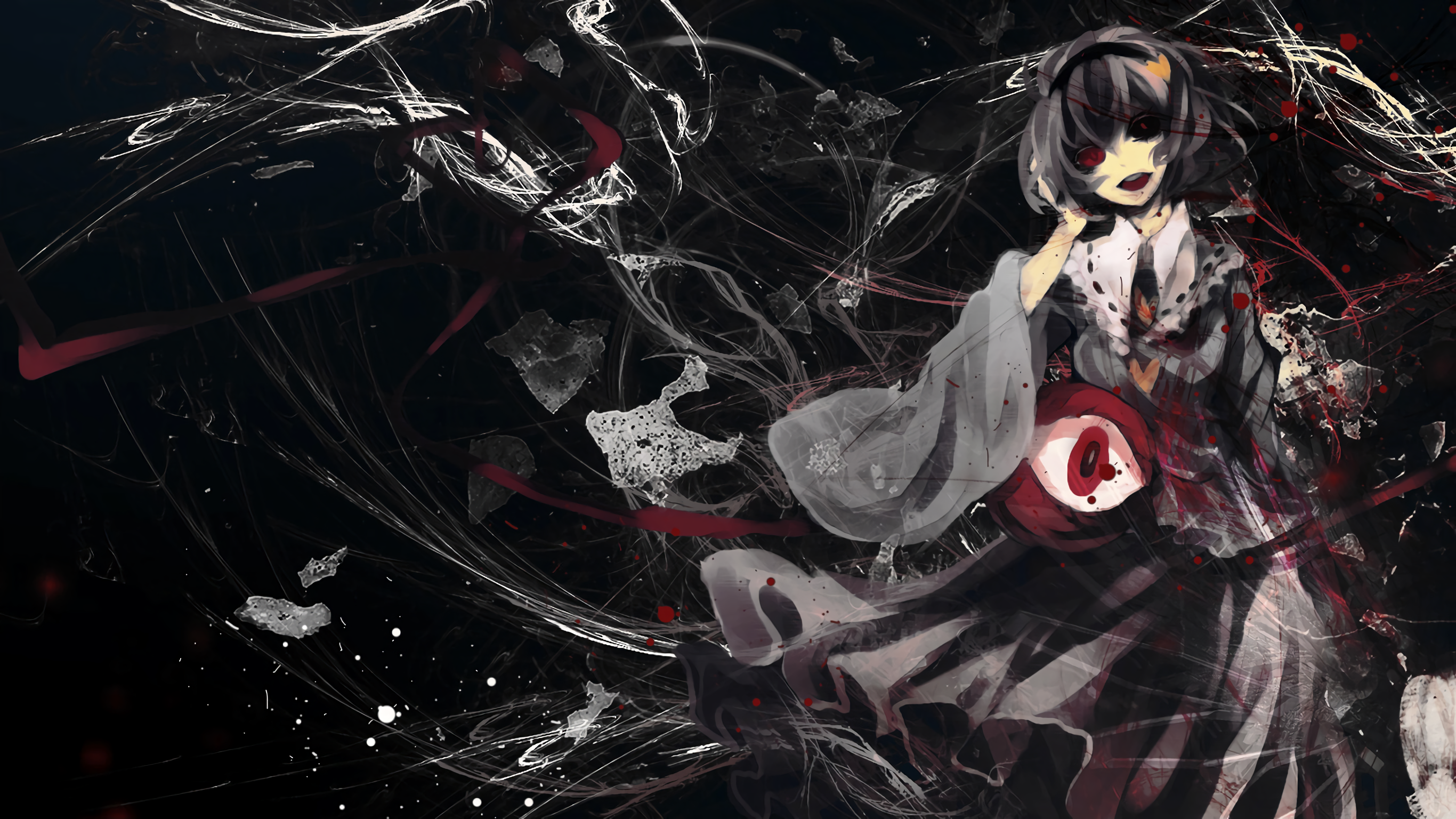 Wallpaper, black, anime, short hair, white dress, Touhou, dark hair, red eyes, blood, Komeiji Satori, darkness, screenshot, computer wallpaper 2732x1536