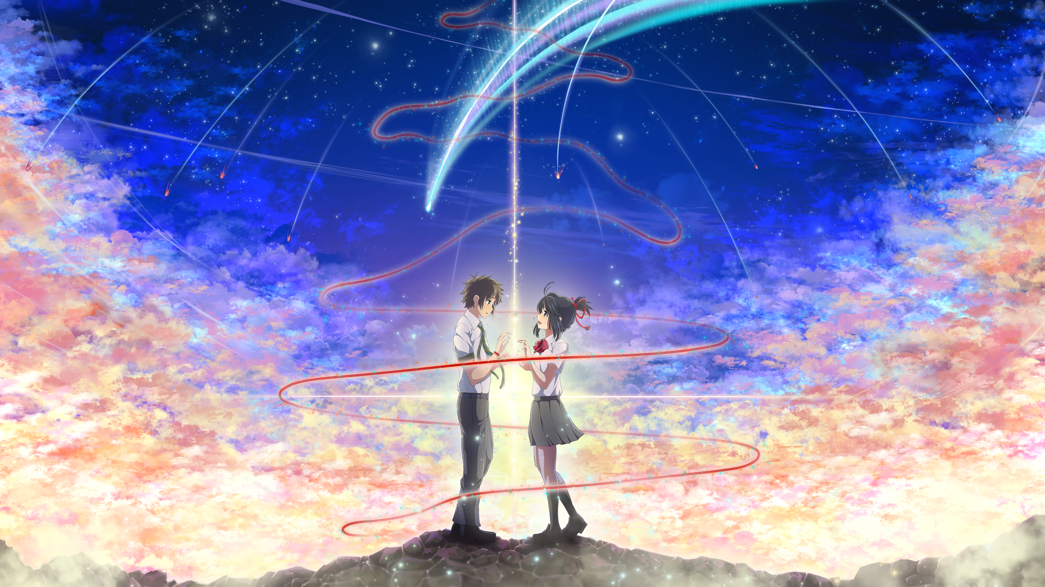 Wallpaper / women, Your Name, anime, couple, shooting stars, red ribbon, Kimi no Na Wa free download