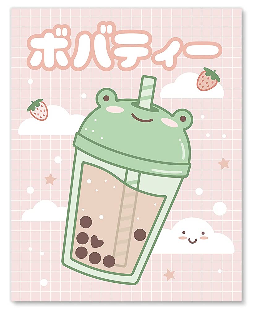 Kawaii Frog Boba Wall Art Tea Lover Room Decor Pink Japanese Kanji Poster, Handmade Products